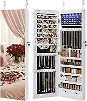 SONGMICS UJJC99WT Hanging Jewelry Cabinet with LED Lights, Full-Length Mirror, Wall/Door Mount, White - Spacious Organizer