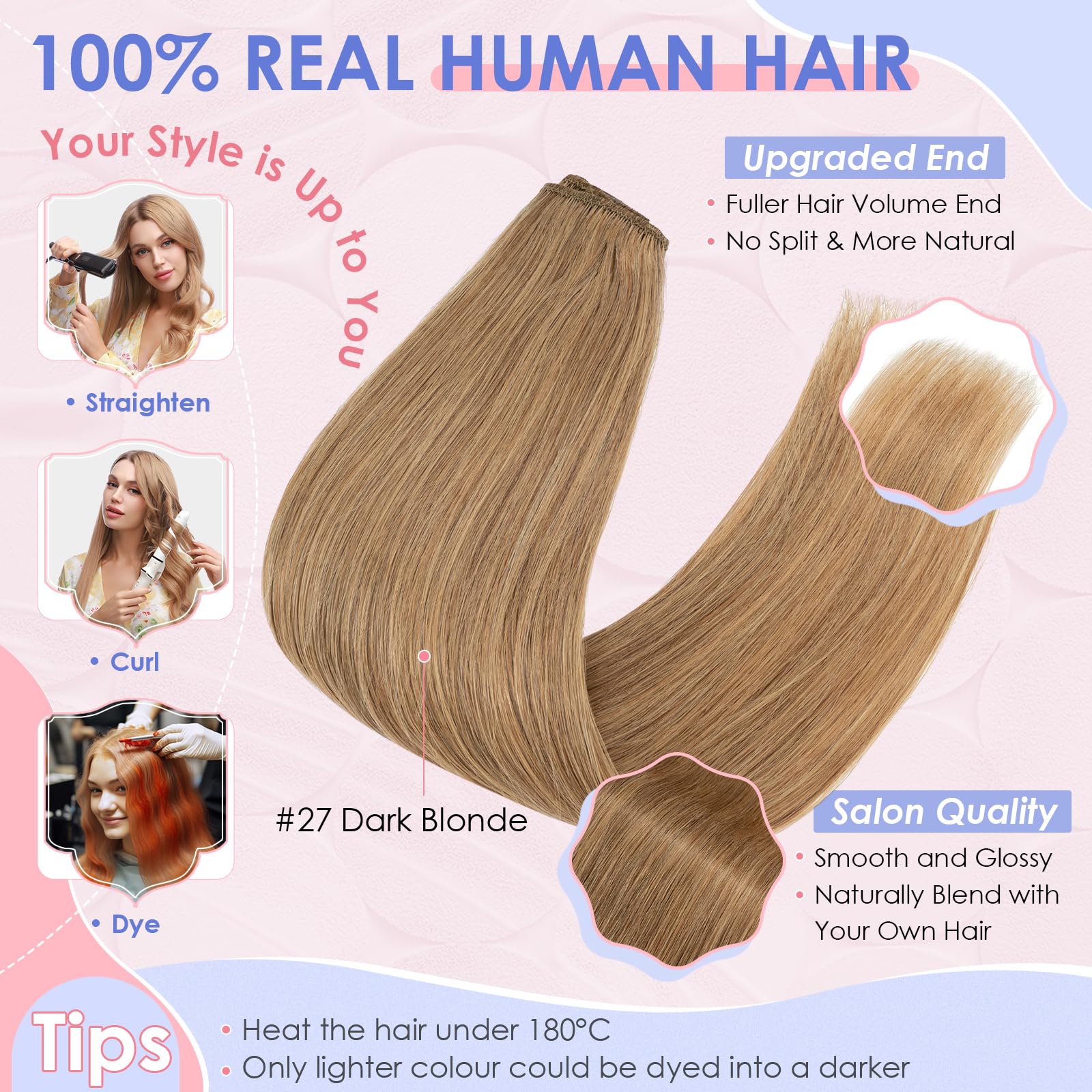 Elailite Hair Extension Real Human Hair Clip in Remy Natural Hair, 8 Pieces (Thin Weft) Full Head Straight, #27 Dark Blonde - Image 4
