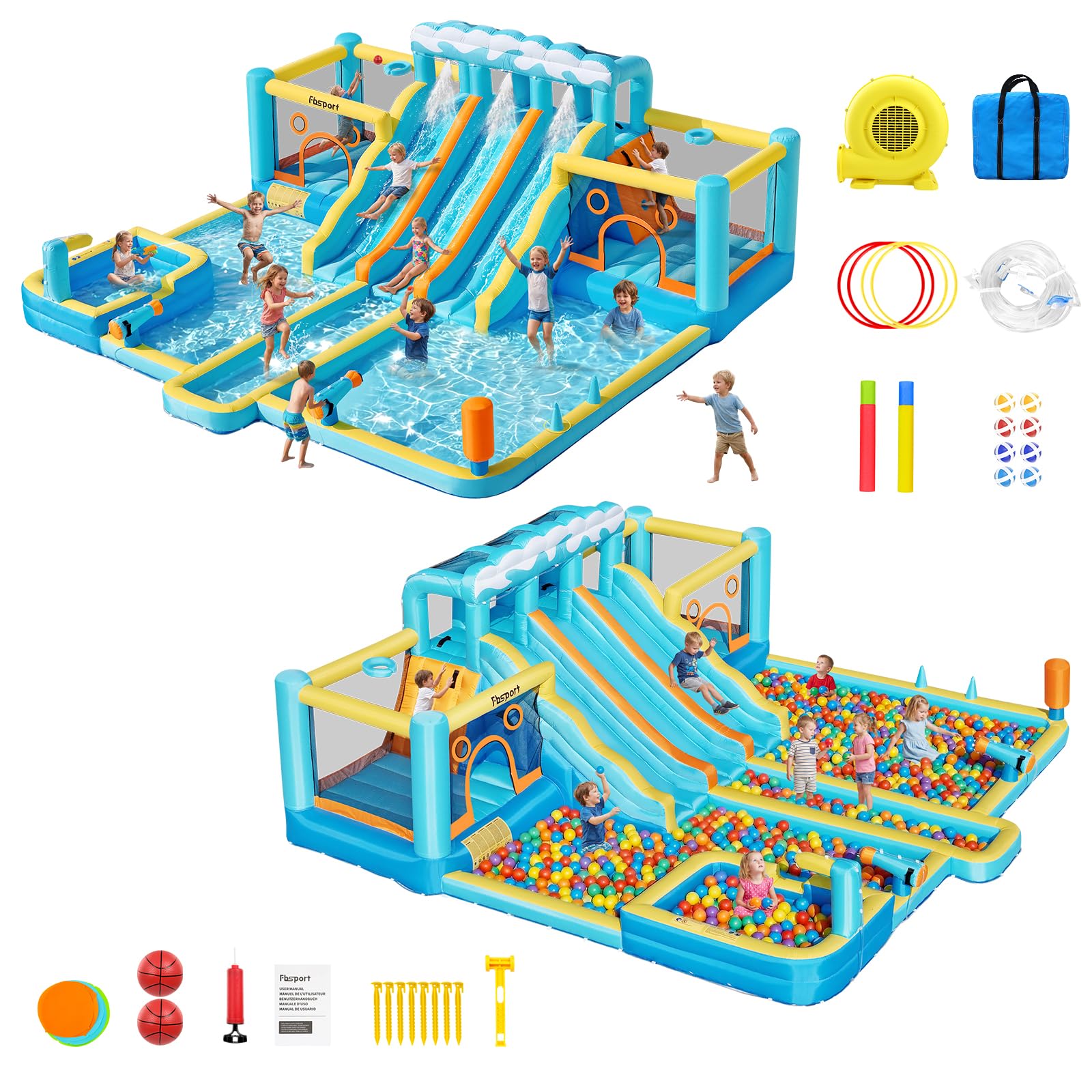 FBSPORT Hüpfburg & Wasserrutsche, 10-in-1 Wasserpark mit 3 Gleiten, 2 Sprungzonen & Kletterwand, 950W Gebläse, Gartenanlage mit Wasserwaffe, Planschbecken & Spielzubehör