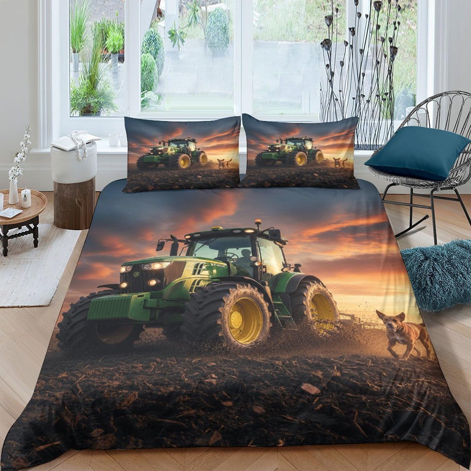 Ctjqhvkz Style-8 3D Printed Green Tractor Fitted Sheet Microfiber Soft Farm Sunset Bed Cover Anti-Slip Bedroom Dorm Mattress Protector Decor Single（135X200cm）