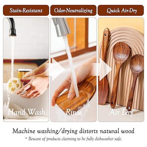 Miniatura 9 de Cucharas de madera de 8 piezas para cocinar, utensilios de madera de teca de acabado liso, juego de cocina antiadherente, agarre cómodo, utensilios