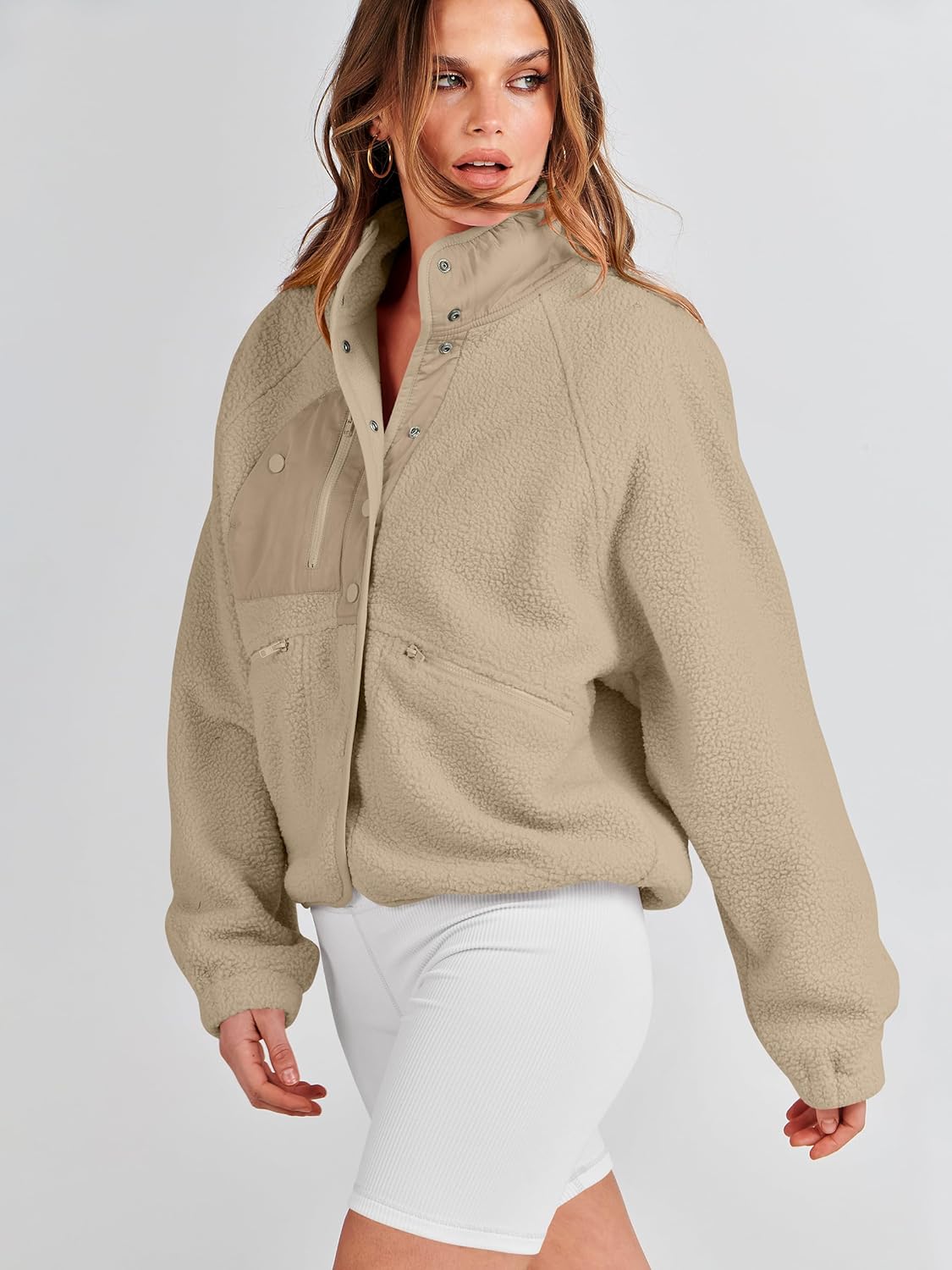 ANRABESS Womens Fuzzy Fleece Jacket Fall Casual Long Sleeve Cropped Sherpa Button Down Shacket Coats Outwear With Pockets - Image 5