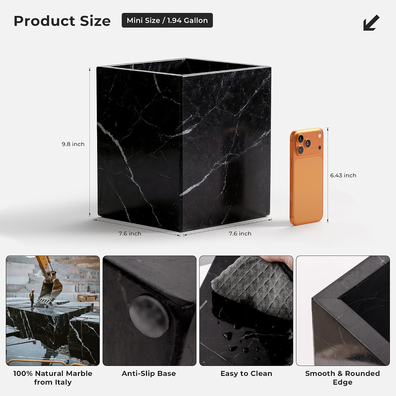 Marble Trash Can, 1.8 Gallons Natural Stone Wastebasket, Square Decorative Garbage Container, Beautiful Rubbish Bin for Bathroom, Bedroom, Kitchen, Home Office, Under Counter Black (WH099)