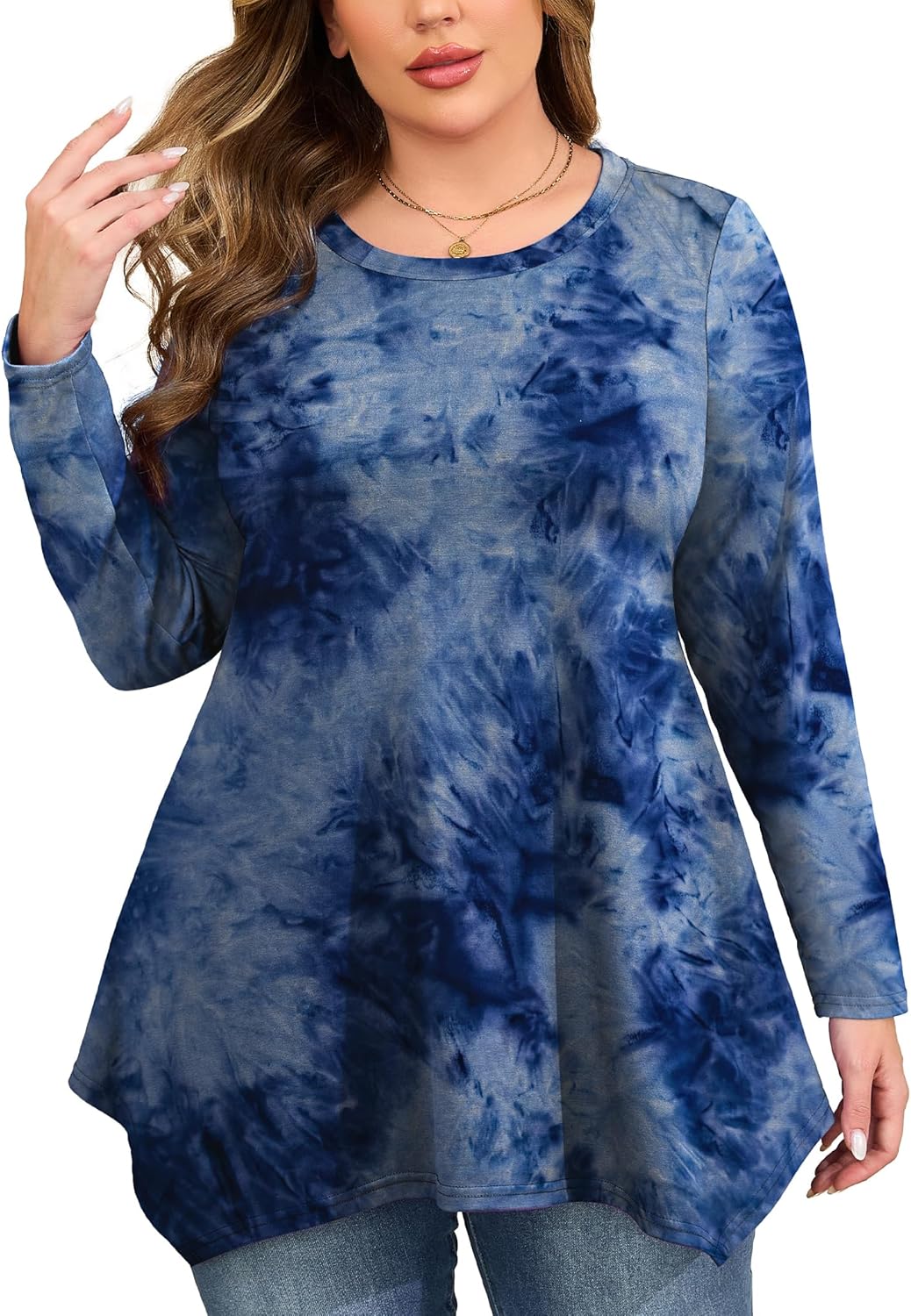 FOREYOND Plus Size Long Sleeve Shirts for Women Going Out Tunic Tops for Women Trendy Loose Fit Basic Lady Blouse with Asymmetrical Hem Dark Blue 2XL