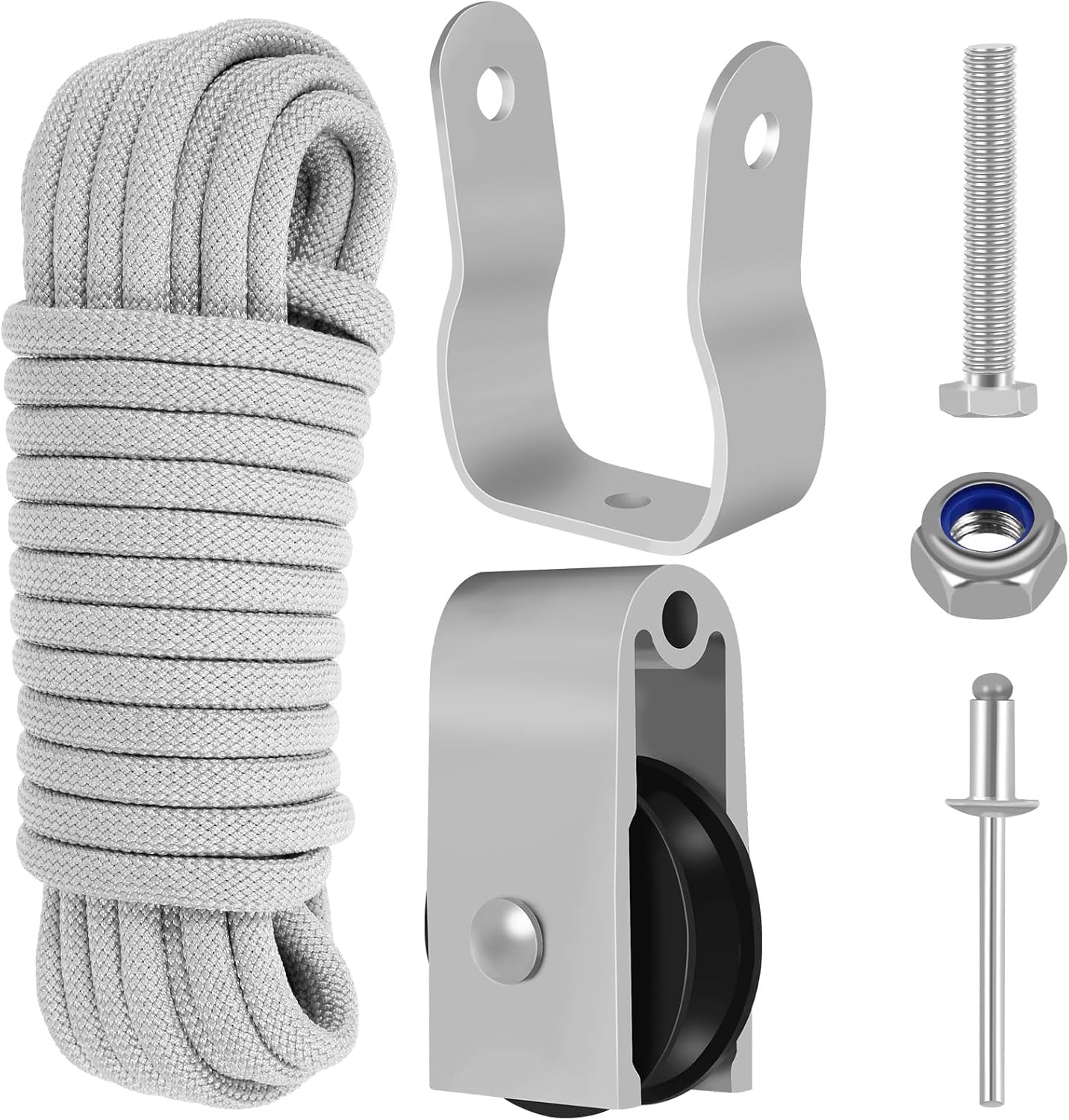 Extension Ladder Pulley Kit 40Ft Telescopic Ladder Rope and Pulley Kit AC30-2 Extension Ladder Rope Replacement Wear-Resistant Extension Ladder Replacement Rope for Pulley(Silver)