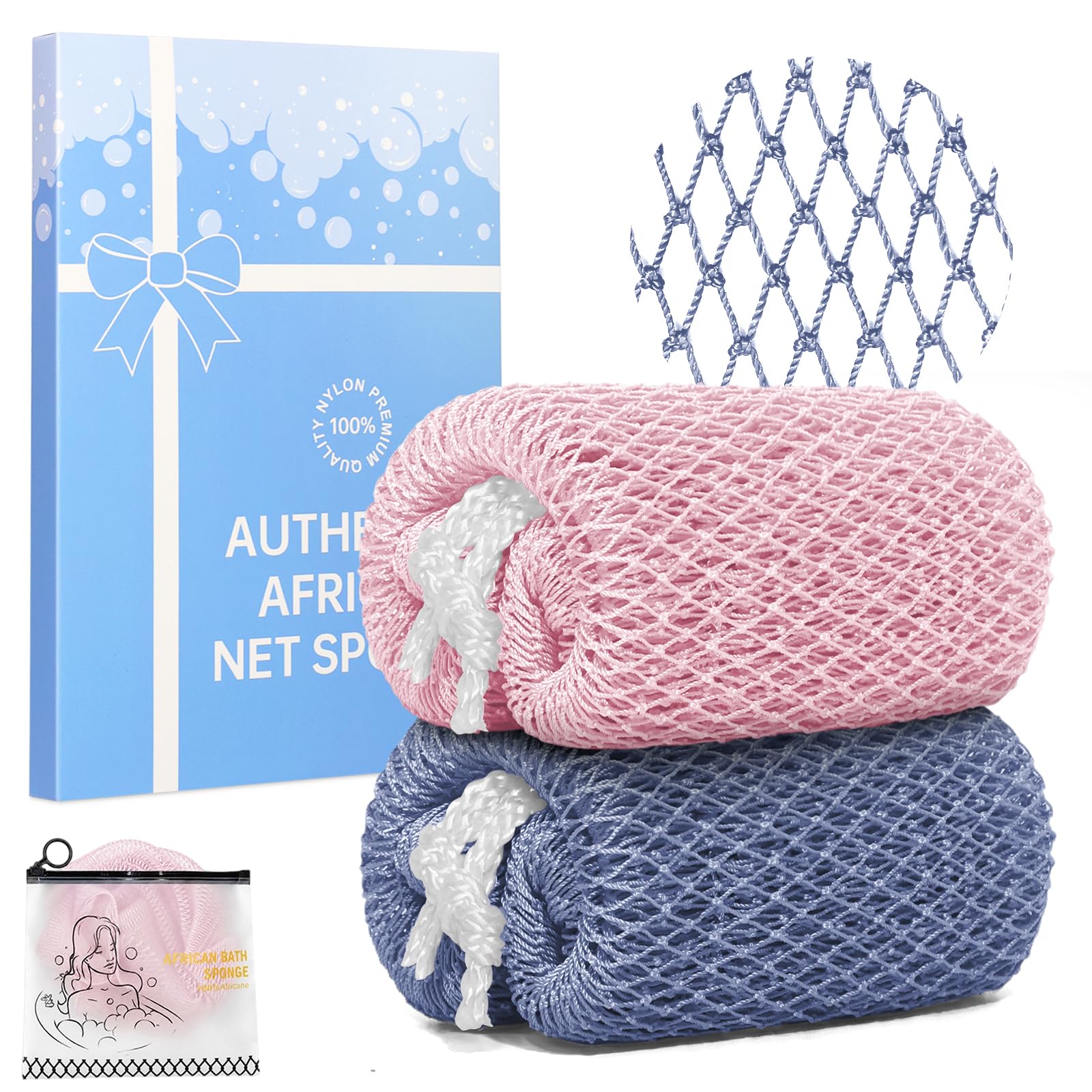 African Net Sponge with knots,Authentic Exfoliating Bath Sponge for Deep Cleansing, Long-Lasting Body Scrub, Shower & Bath Accessories for Women & Men (Haze Blue+Bean Paste Pink)