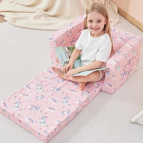 Miniatura 2 de Sofá infantil plegable 2 en 1, sofá convertible a tumbona para niñas y niños, con funda extraíble y bolsillos dobles, unicornio rosa