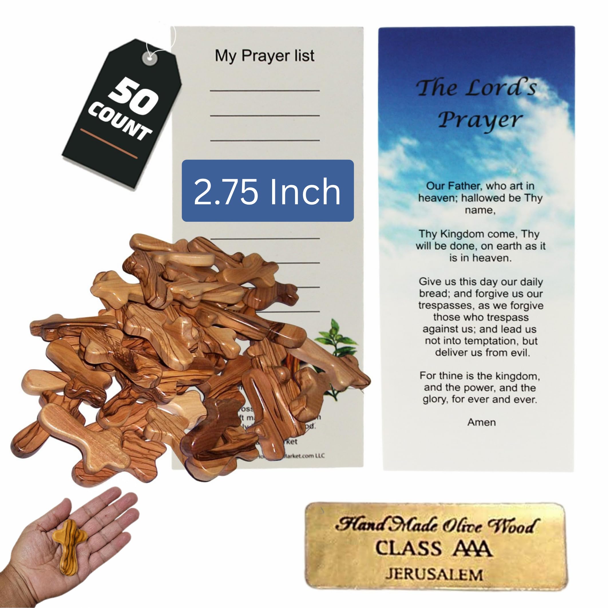 Holy Land Market Olive Wood Pocket Crosses - 2.75 in, Certificate from Bethlehem, 50 Crosses, Holy Land Olive Wood Cross