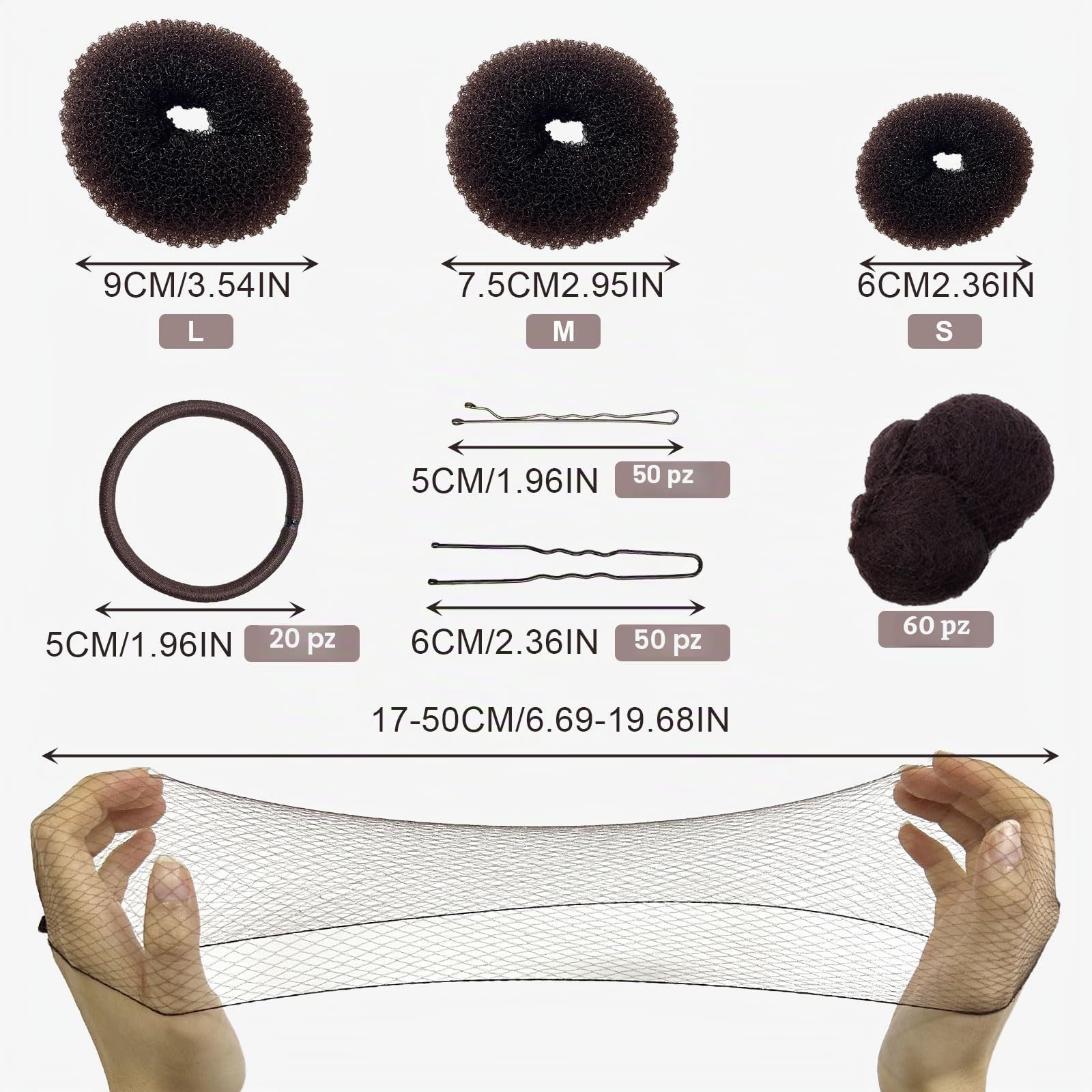 UILYNIU 183 Pezzi Realizzare Chignon Set 3 pezzi Chignon a Ciambella 60 Pezzi Retine per Capelli Invisibili e 100 Forcine Capelli, 20 Elastici per Capelli per Bambine e Donne (Marrone)