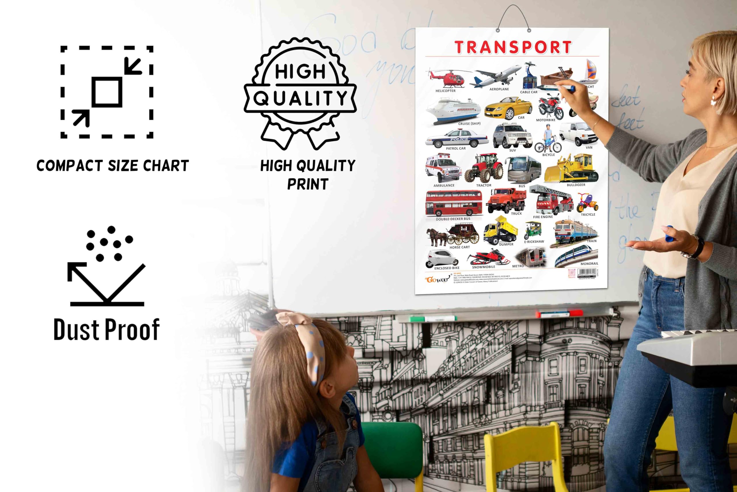 GO WOO TRANSPORT CHART GLOSS LAMINATED, VEGETABLE CHART GLOSS LAMINATED, and WILD ANIMALS CHART GLOSS LAMINATED | combo of 3 charts | Educational Trio Unveils Wonders 3