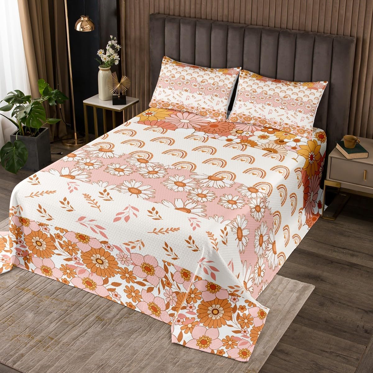 Retro Hippie Floral Bedspread Twin Size,Rainbow Daisy Leaves Bedding Set for Kids Girls Boys Teens Room Decor,Patchwork Striped Bohemian Comforter Set Pink Orange Deep Pocket Sheet,1 Pillowcase