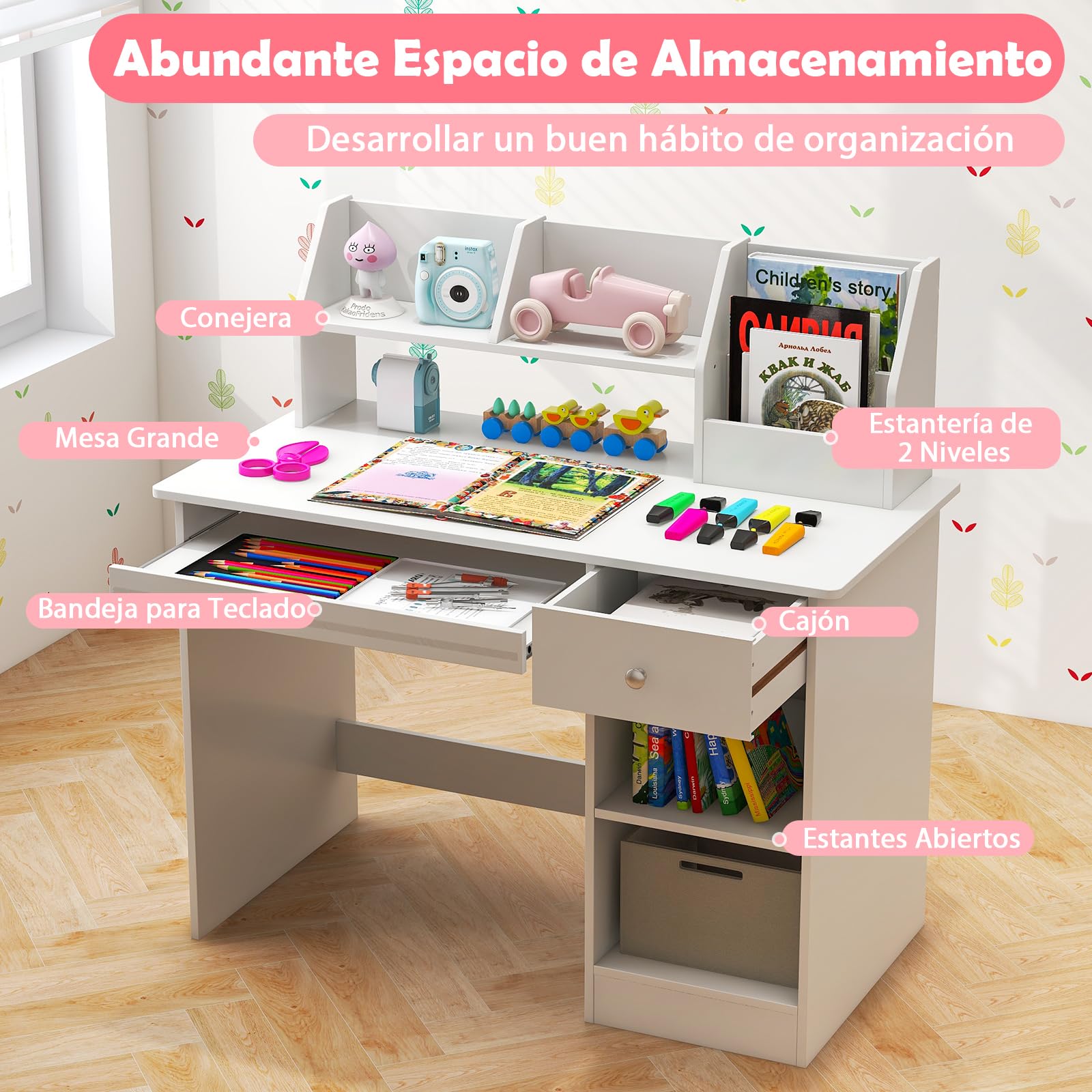 GOPLUS Escritorio Infantil de Madera con Cajón, Mesa Juvenil con 4 Estantes Abiertos, Bandeja para Teclado, 3 en 1 Escritorio para Niños con Dispositivo Antivuelco, 90 x 45 x 90 cm (Blanco)