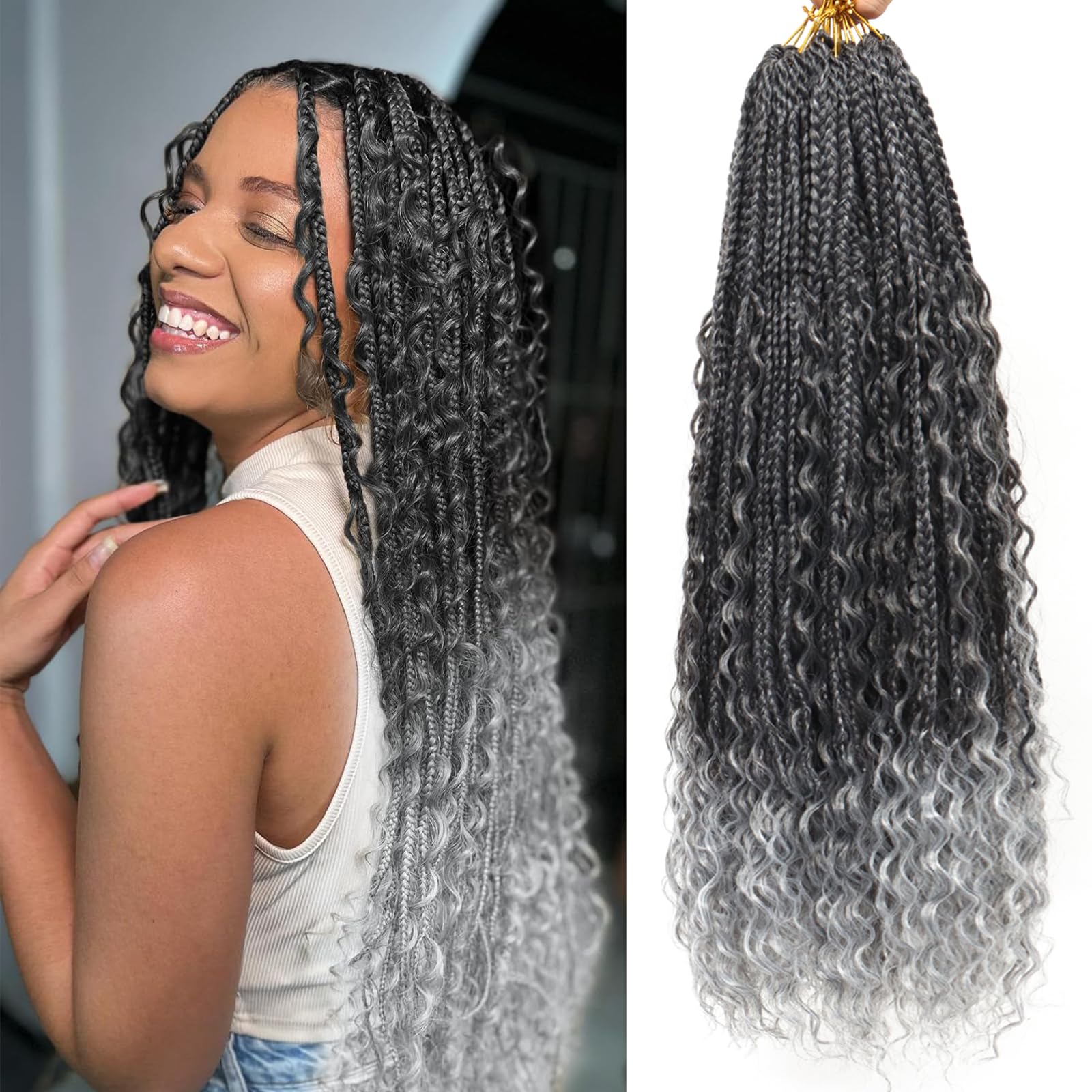 Eeanno Goddess Box Braids Crochet Hair 24 Inch 7 Packs Ombre Gray Pre Looped Boho Crochet Braids with Curly Ends for Black Women, T1B/Gray