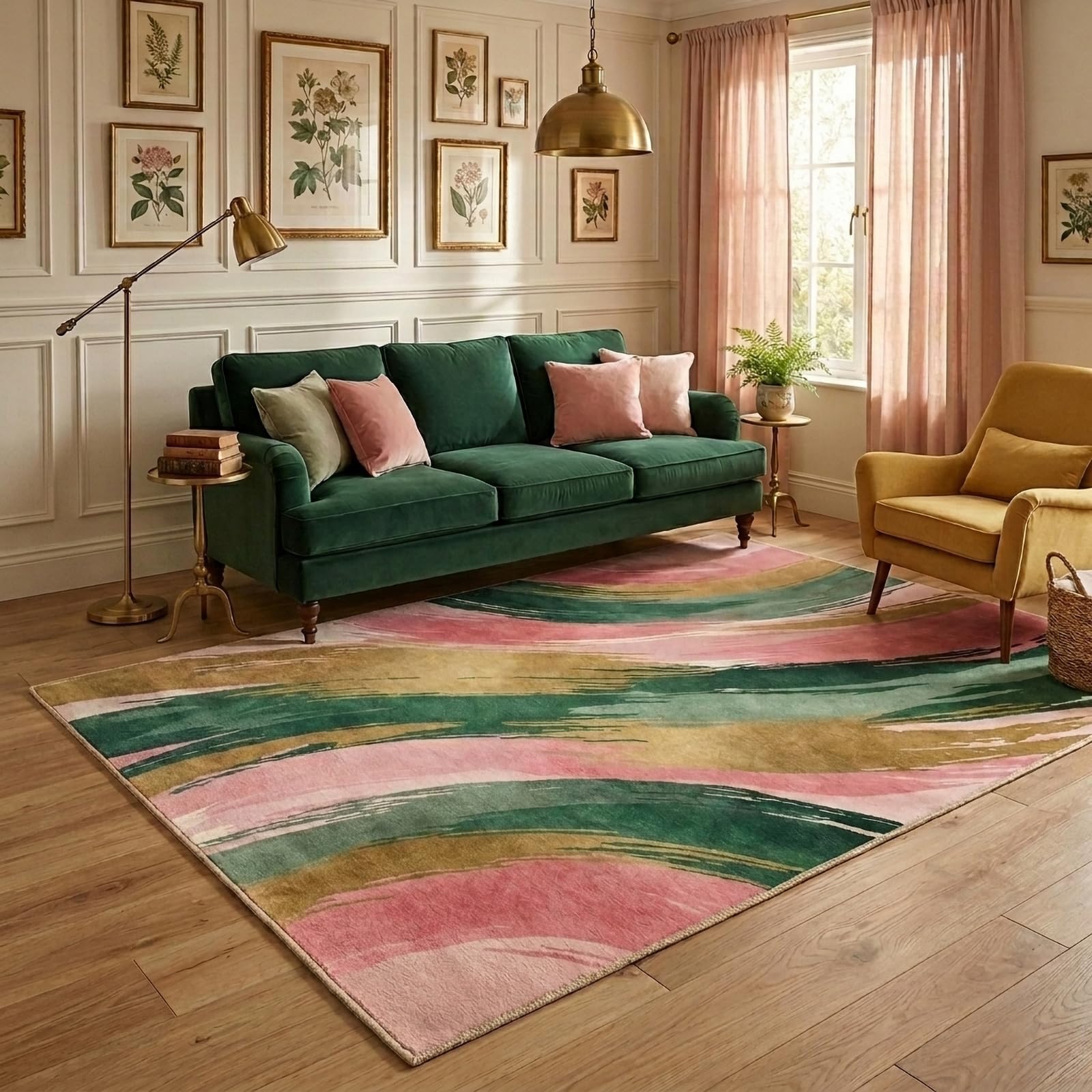 Photo 1 of BreezeRise 5x7 Pink and Green Area Rug, Modern Abstract Brushstroke Design