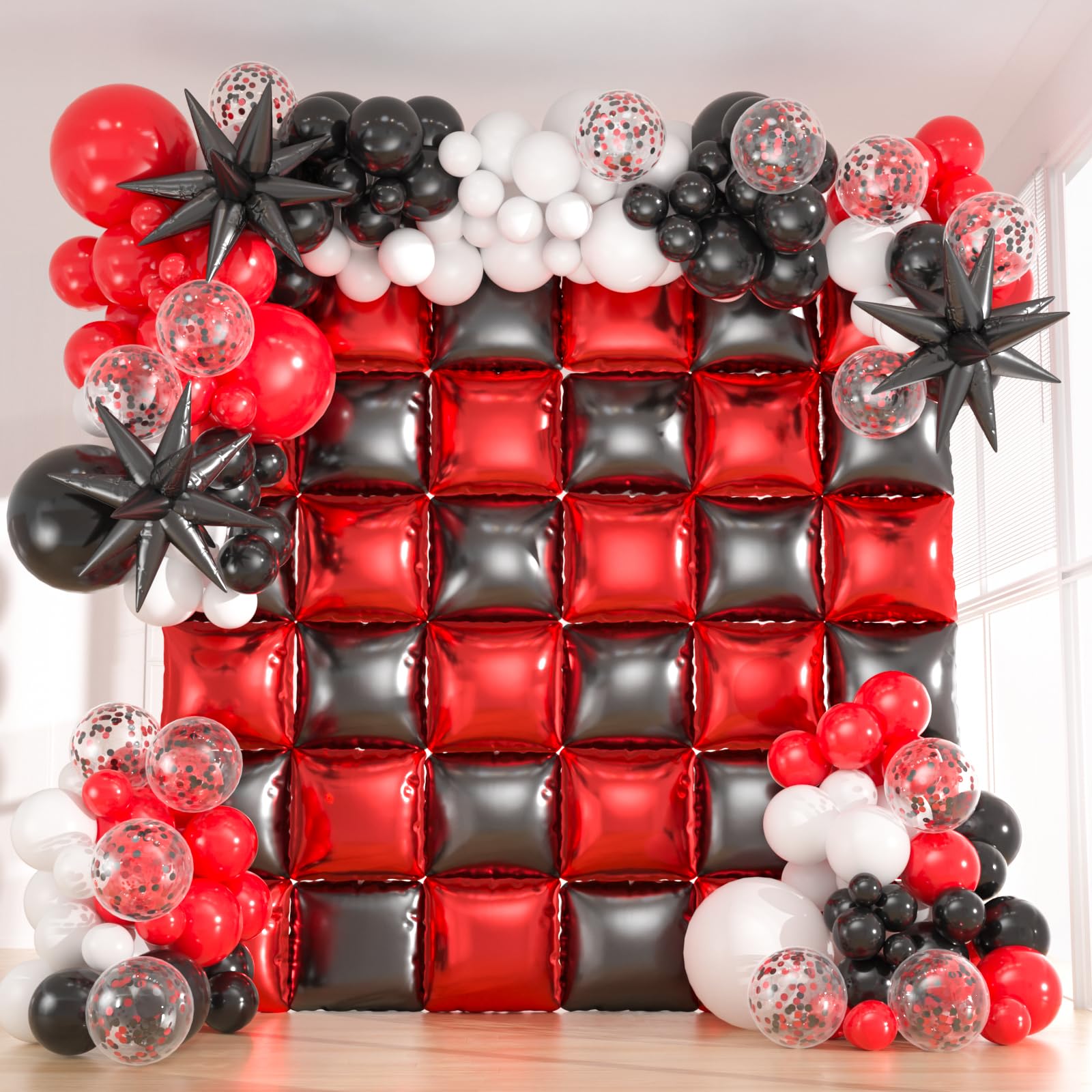 Red and Black Foil Balloon Wall Backdrop Kit, 36pcs Double-Sided Mylar Balloons & 188pcs Black Red White Confetti Balloons Arch for Graduation