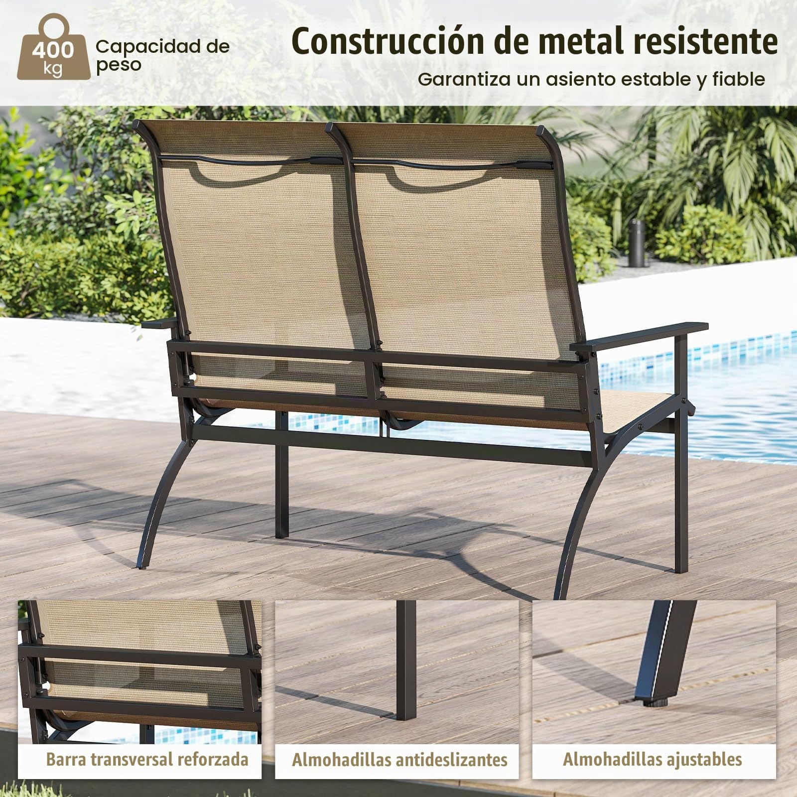 KOMFOTTEU Banco de Jardín Exterior de 2 Plazas Textilene con Carga 400 kg | Silla Adirondack de Exterior con Respaldo Alto y Reposabrazos, para Patio y Balcón, 81 x 120 x 106 cm