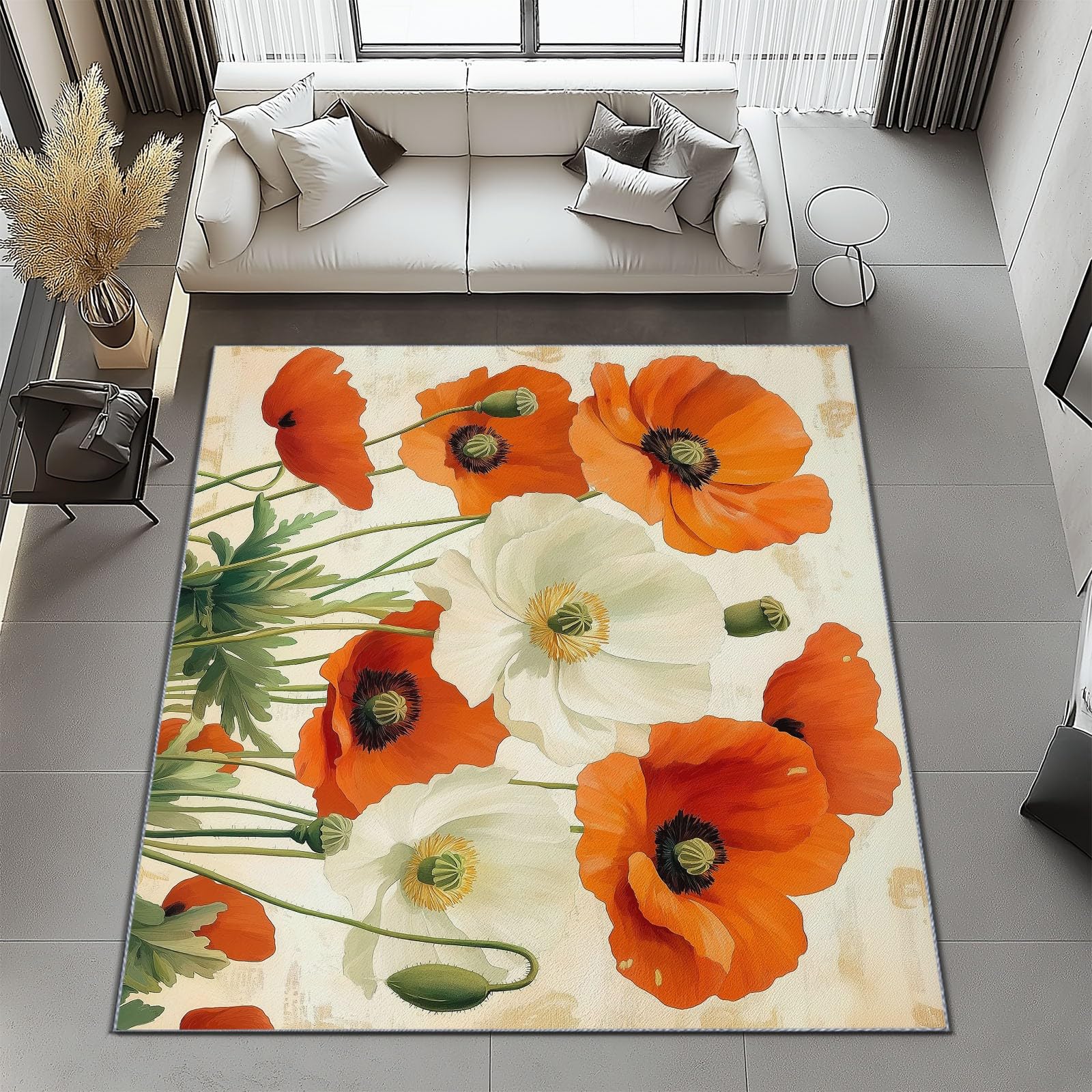 Tapis de salon 120x170 cm lavable motif fleurs rouge et crème