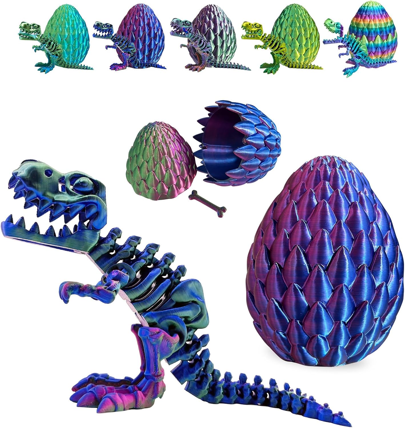 Easter Eggs Filled with Dinosaur Toys, 3D Printed Animals Mystery Crystal Dragon Egg with Articulated Tyrannosaurus Rex, Easter Basket Stuffers Fidget Toy for Adults Kids
