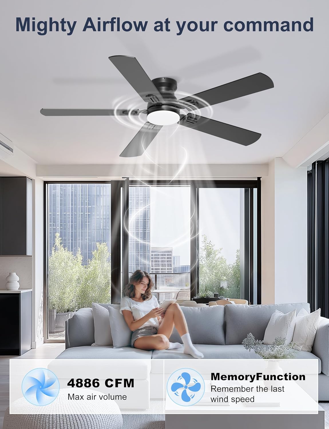 52'' Black Flush Mount Ceiling Fan with Lights for Bedroom image 5