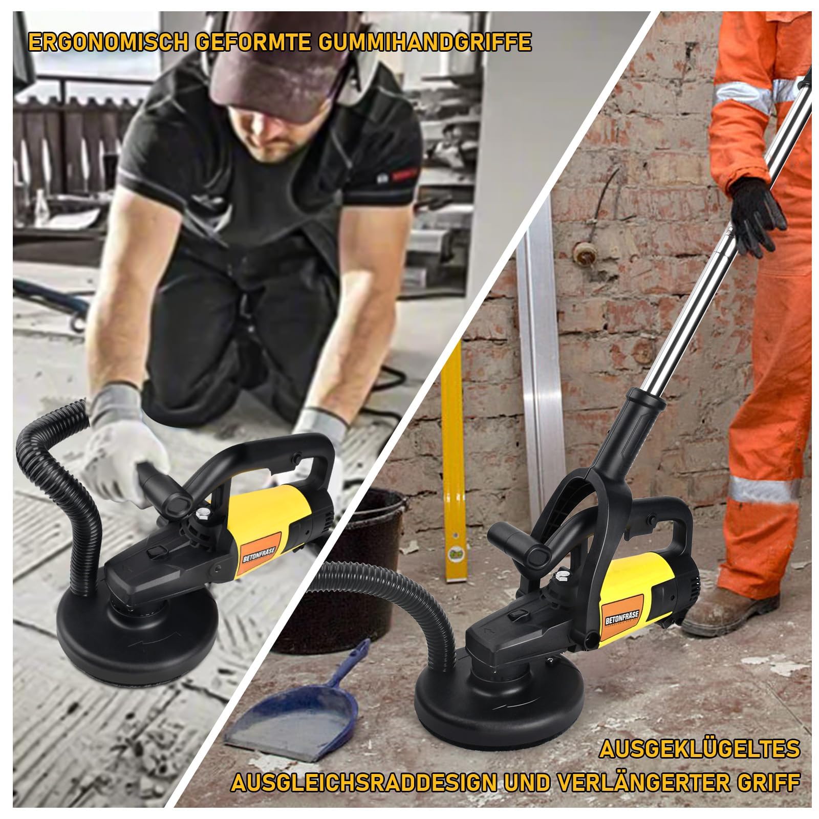 Juego de fresadora de hormigón de 3800 W, incluye mango largo, fresadora de saneamiento con cabezal de pulido de diamante (180 mm) y campana de extracción, para pared y hormigón, 6 marchas ajustables