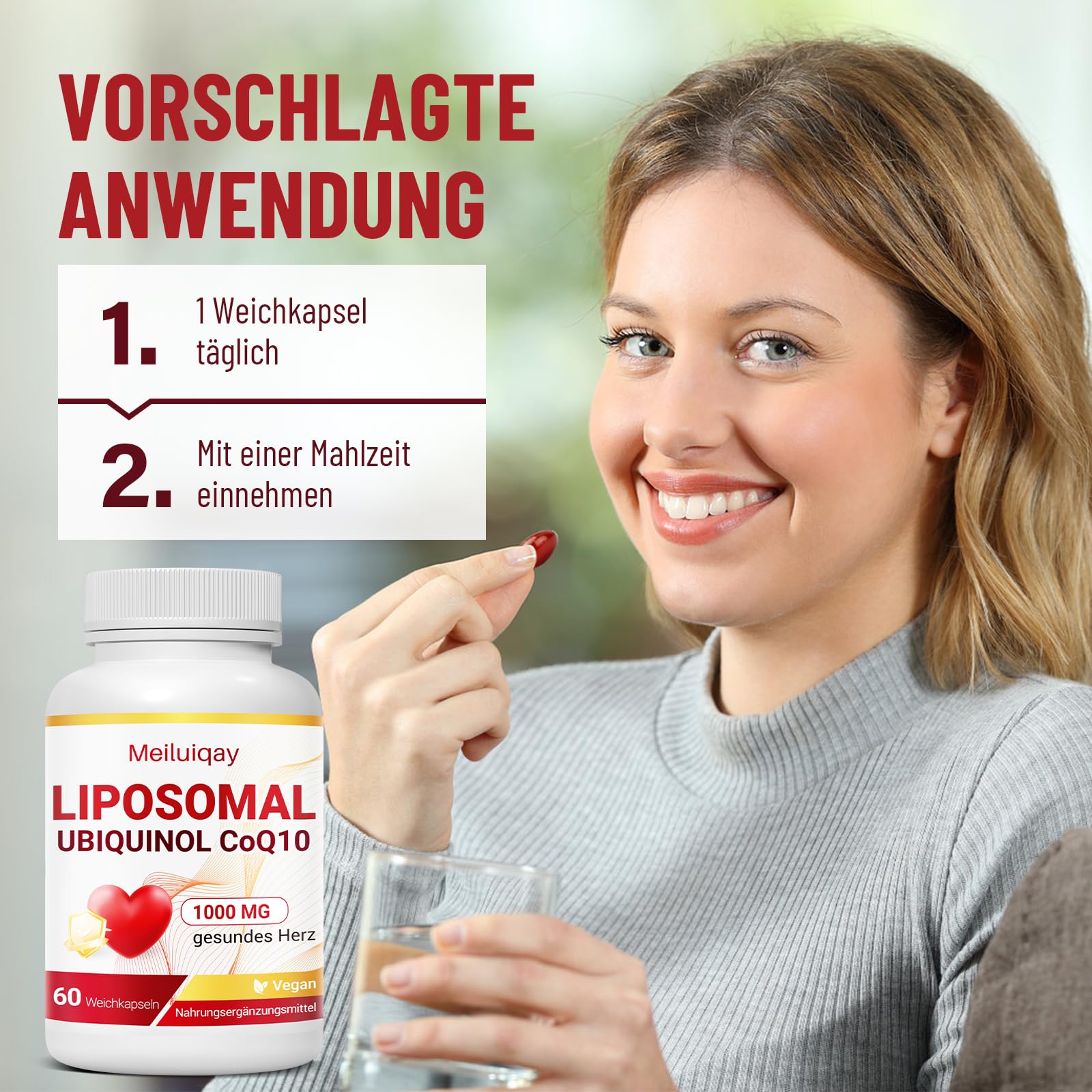 Liposomales CoQ10 Ubiquinol 1000 mg– Aktive Form, Hochdosierte Coenzym Q10 Kapseln– Ohne Gentechnik, Soja & Gluten, Vegan, Leicht zu Schlucken, 60 Weichkapseln