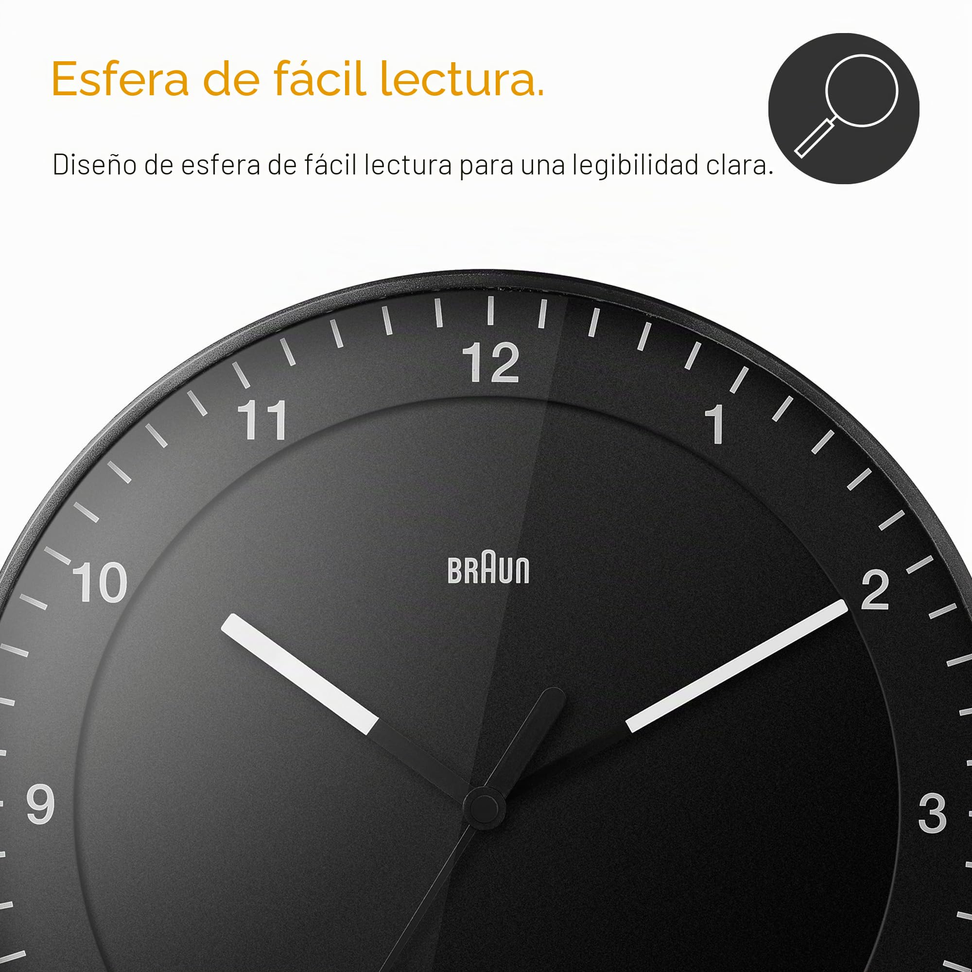 Braun Reloj de Pared analógico Grande clásico Movimiento de Agujas silencioso, de fácil Lectura, diámetro del 30 cm en Negro, Modelo BC17B.