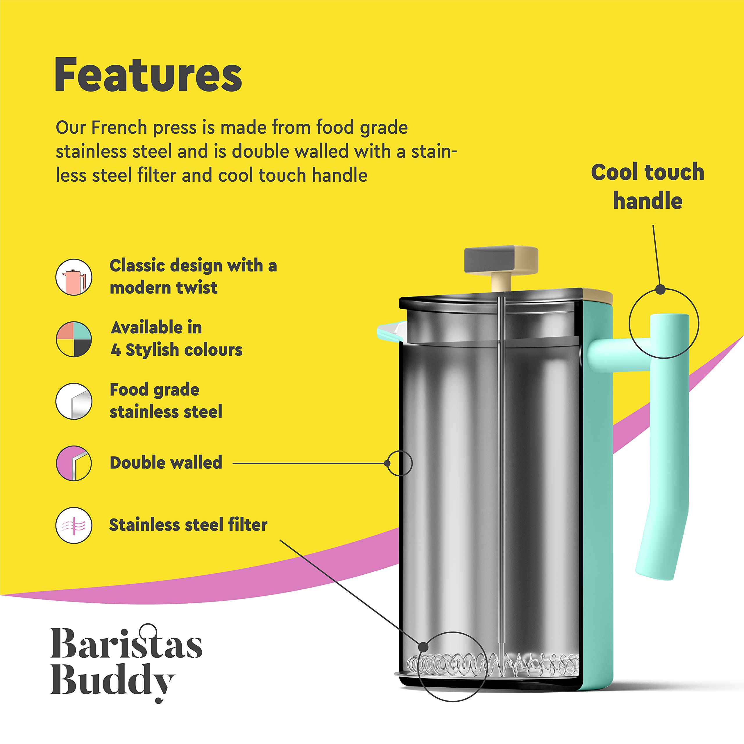 BaristasBuddy French Press Coffee Maker - Insulated, Stainless Steel Manual Coffee Makers For Home, Office Or Camping - Large 34oz Capacity For 4 Cups