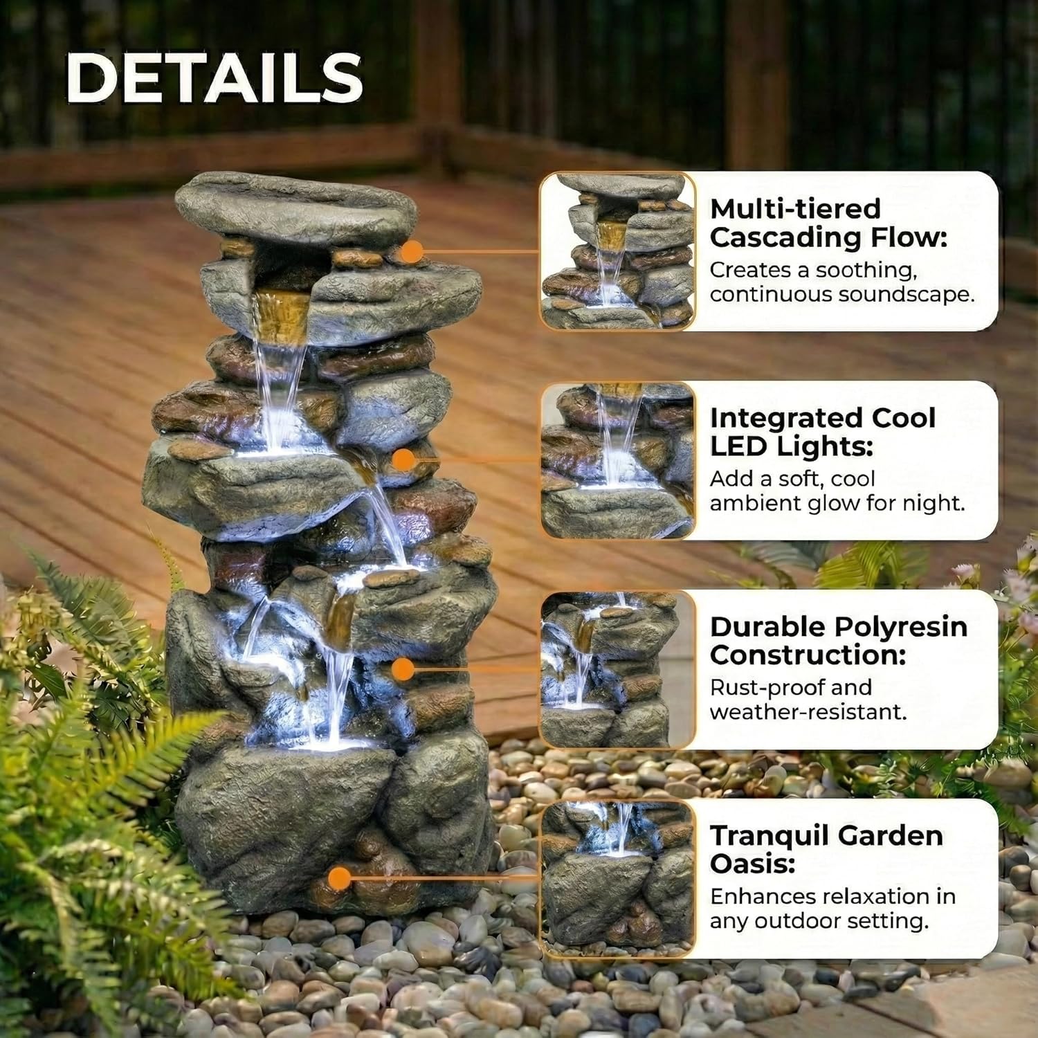 Large Cascading Outdoor Fountain Ground-Standing Fountain Fantastic Design Equipped with LED Lights, Suitable for Gardens Patios Porches and Swimming Pools,Rock-Cascade