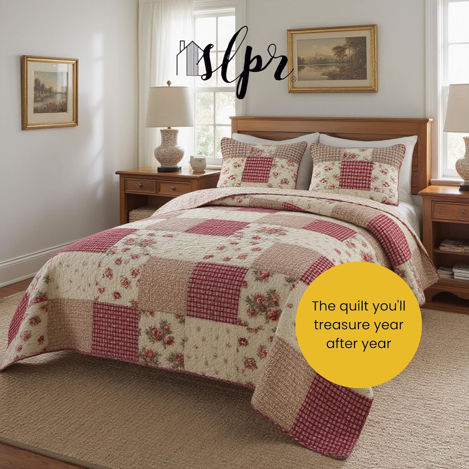 SLPR Country Roses Patchwork Cotton Pieced Quilt Set - Twin Size with 1 Sham, French Country Style Floral Bedding, Red Rose Farmhouse Quilted Bedspread with Flower Pattern - Image 7