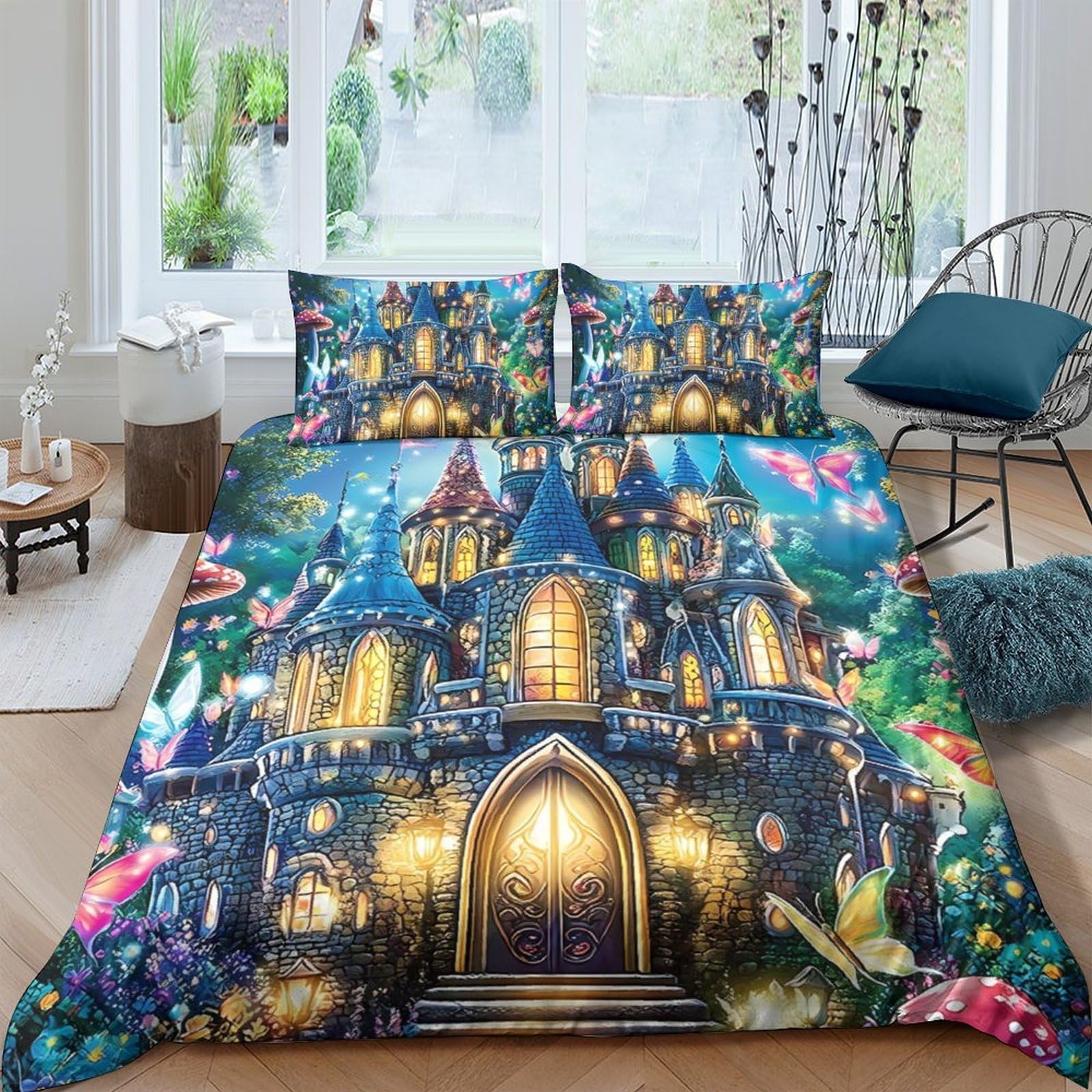 Ctjqhvkz Style-6 3D Printed Fantasy Castle Fitted Sheet Microfiber Soft Anti-Slip Enchanted Forest Bed Cover For Bedroom Dorm Decor Single（135X200cm）