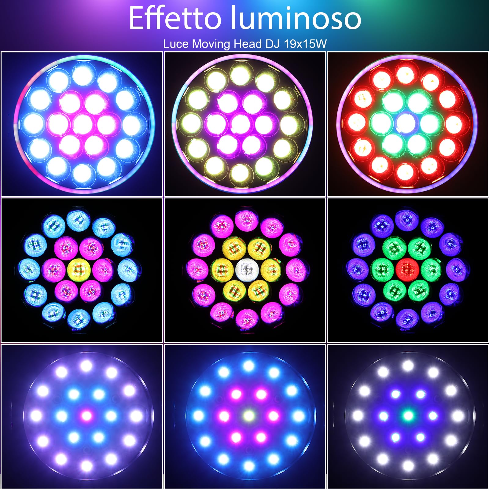 BETOPPER Teste Mobili 19x15W RGBW Luci da Palco con Effetto Striscia LED, Luci Discoteca, Luci DJ, Faro Motorizzato Moving Head per Festa, Matrimonio, Club e Spettacoli