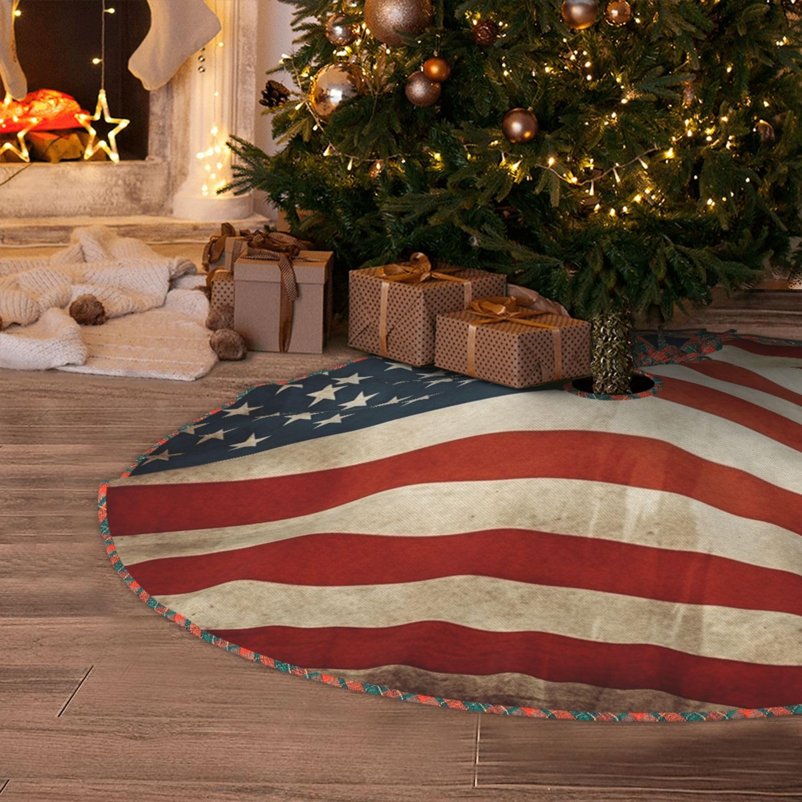 Vintage American USA Flag Christmas Tree Skirt 48" Artificial Tree Mat Cover Merry Christmas Burlap Xmas Tree Skirt for Christmas Decoration Holiday Indoor Outdoor Winter Party Decor