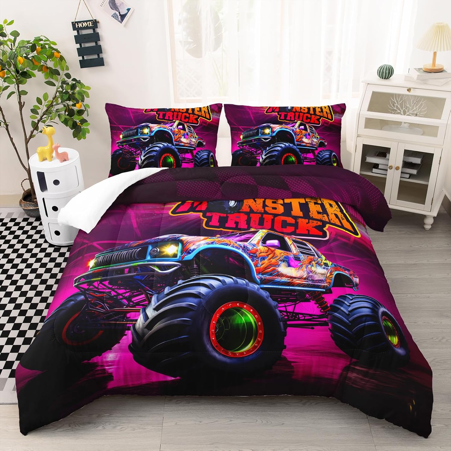 Monster Truck Comforter Set Full Size, Racing Sport Bedding for Boys Teens Adults, Colorful Painting Monster Truck Bedding Room Decor