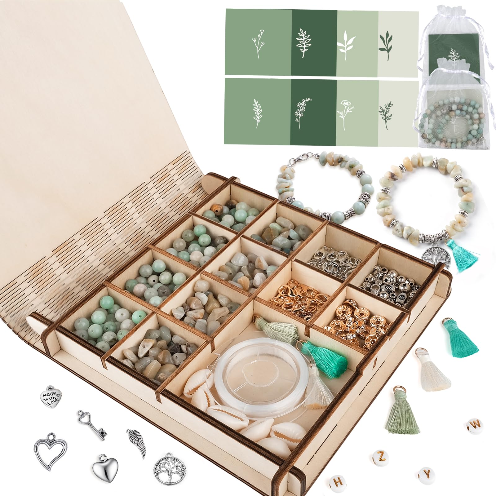 Amazonit Perlen für Armbänder & Schmuck, Edelsteinperlen Kit mit Holzbox – Set zum Armbänder selber machen, natürliche Perlen zum Auffädeln, DIY Geschenk für Frauen, Mädchen, Anfänger & Kreative