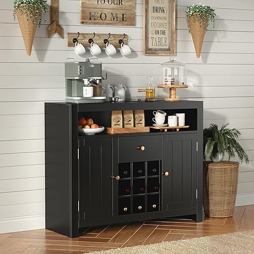 Miniatura 5 de VOWNER Aparador de buffet con 1 cajón y 2 puertas, armario de almacenamiento de cocina con compartimento abierto y estante para vinos, gabinete de