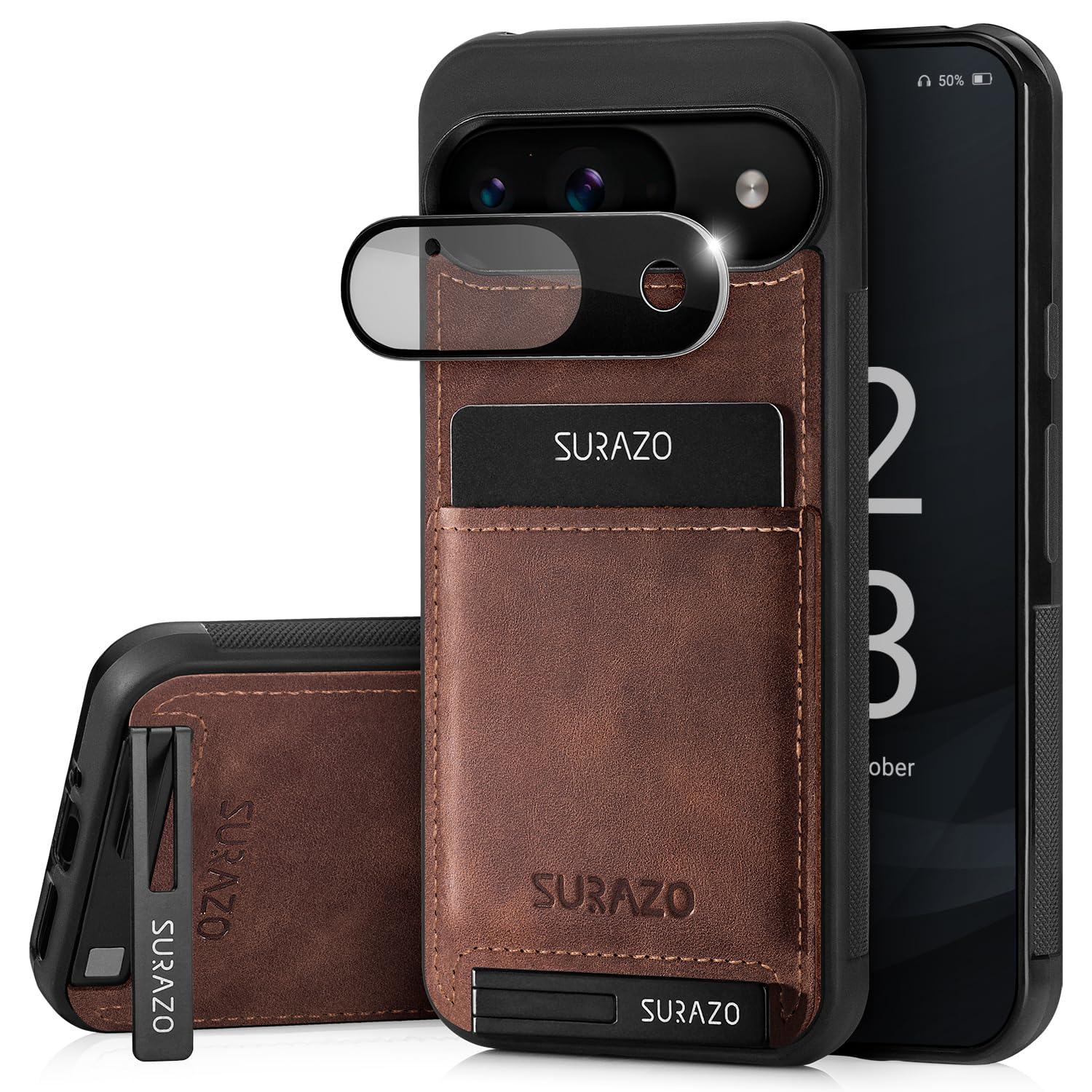 SURAZO Etui z prawdziwej skóry do Google Pixel 9 – odporne na uderzenia skórzane etui na telefon komórkowy [z ochroną aparatu, szybką, kieszenią na karty, funkcją stojaka, brelokiem do kluczy] bumper,