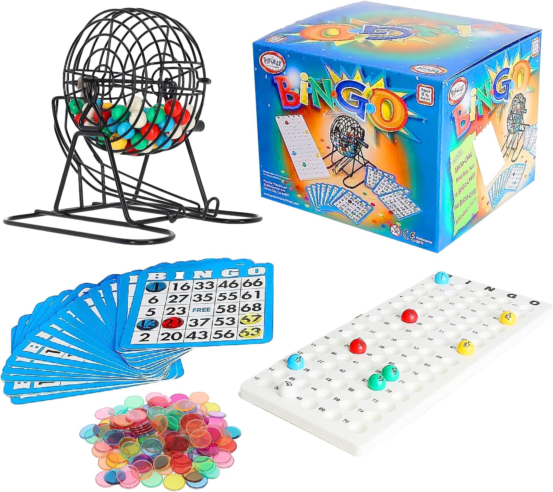 Popular Playthings Classic Bingo Game Kit, Metal Cage with Reusable Cards and Marker Chips, Board Game Set for Adults and Kids - 18 Cards & 150 Chips