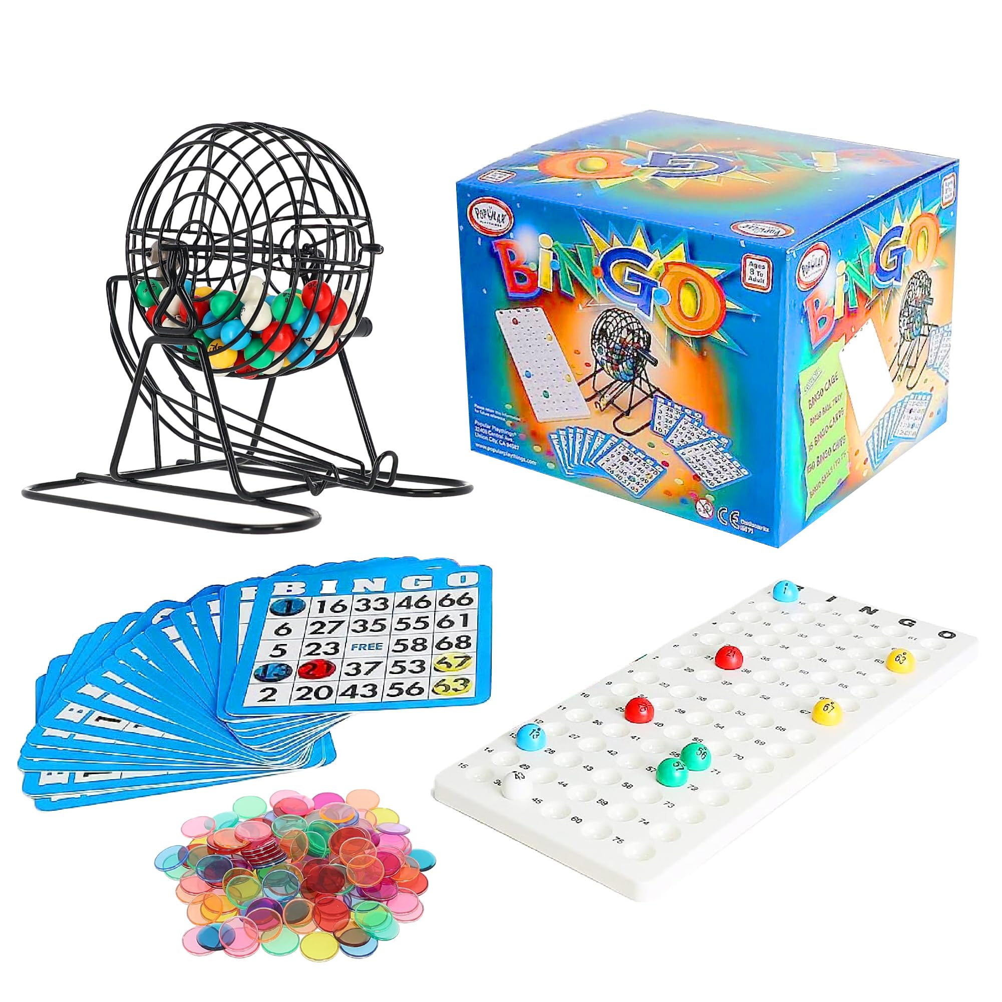 Popular Playthings Classic Bingo Game Kit, Metal Cage with Reusable Cards and Marker Chips, Board Game Set for Adults and Kids - 18 Cards & 150 Chips