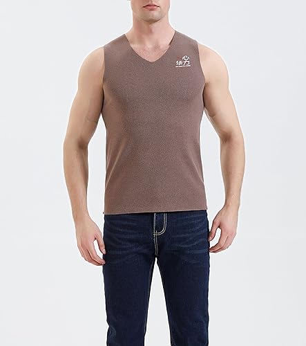 Miniatura 3 de Ropa interior térmica de invierno con forro polar para hombre, camiseta sin mangas, capa base cálida, chaleco sin mangas para clima frío, Marrón con