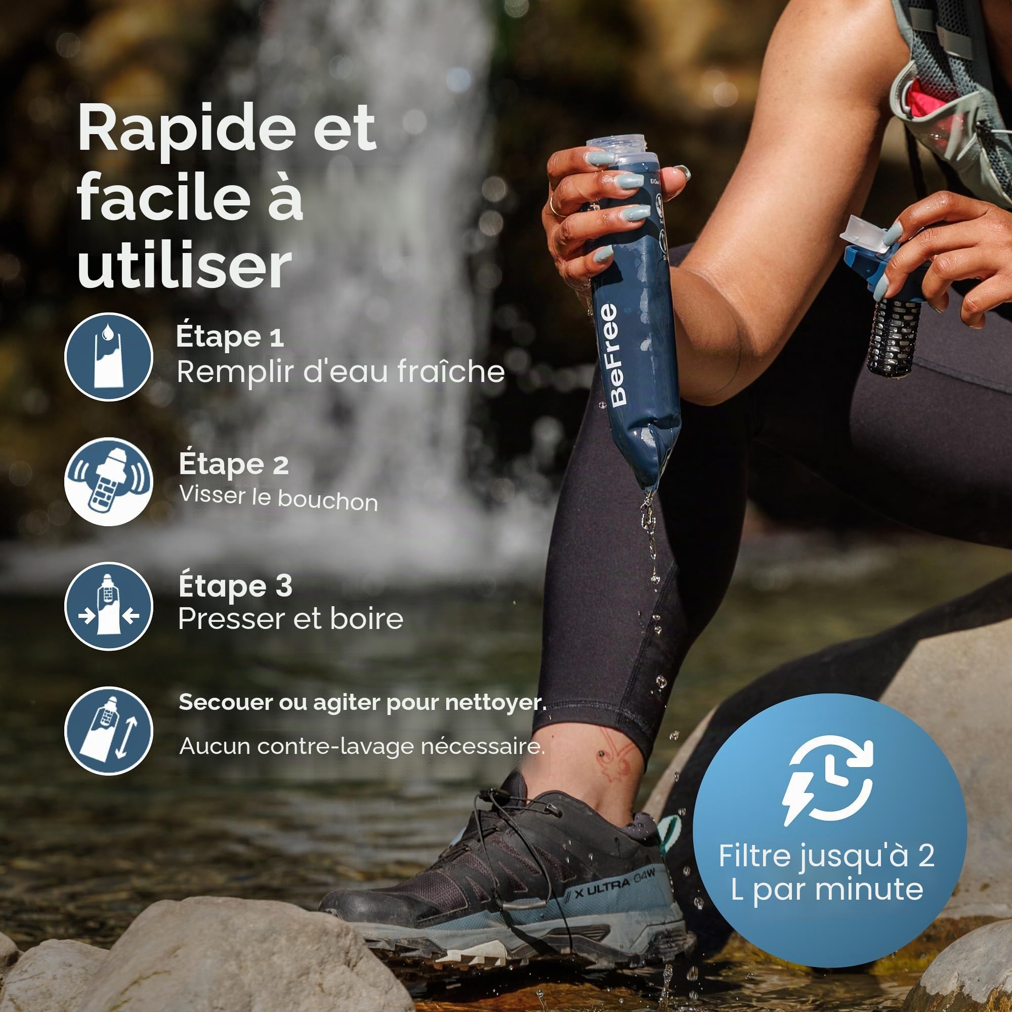 Katadyn BeFree Filter AC 0.5L - Bleu ardoise, Bouteille filtrante ultralégère avec charbon actif & membrane EZ-Clean™ - Eau potable sûre partout, plein air, backpacking, randonnée