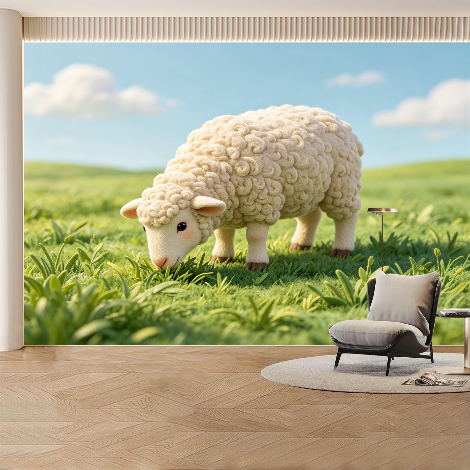 Custom Wall Mural Wallpaper Sheep in Green Meadow Landscape Nature Wall Decor Large Wall Art Pastoral Nordic Minimalist Removable SelfAdhesive Large Photo for Living Room， Bedroom， Office