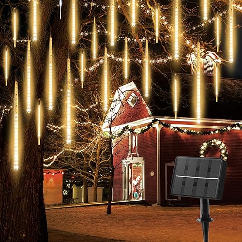 Minetom Paquete de 2 tiras de luces de Navidad para exteriores alimentadas por energía solar, luces de lluvia de meteoritos de 6 pulgadas, 10 tubos,