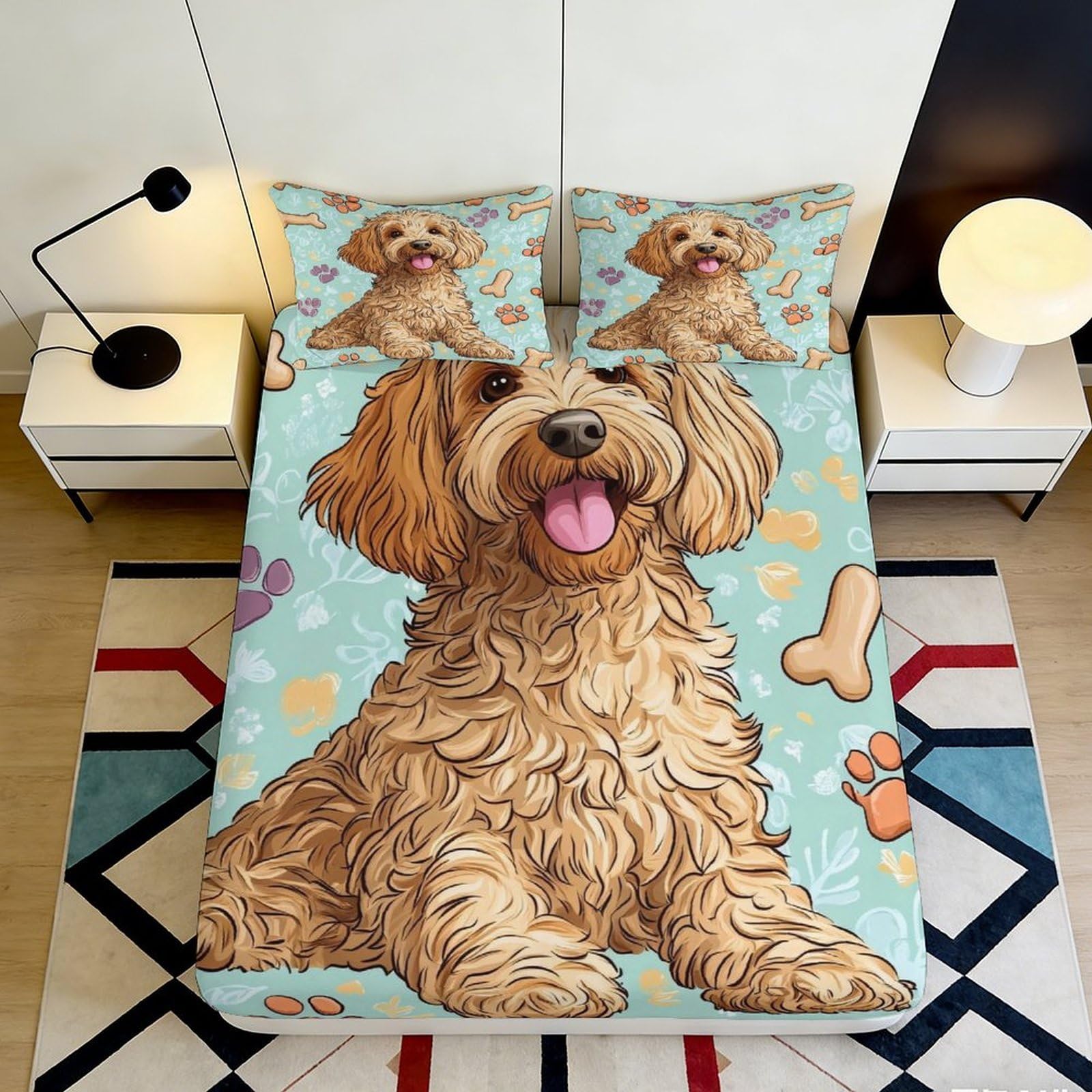 3D Printed playful dog pattern Fitted Sheet, soft touch Microfiber, wrinkle resistant, guest room bedding, anti-slip, washable, home decor, stylish accent, blue brown 140x200x25cm