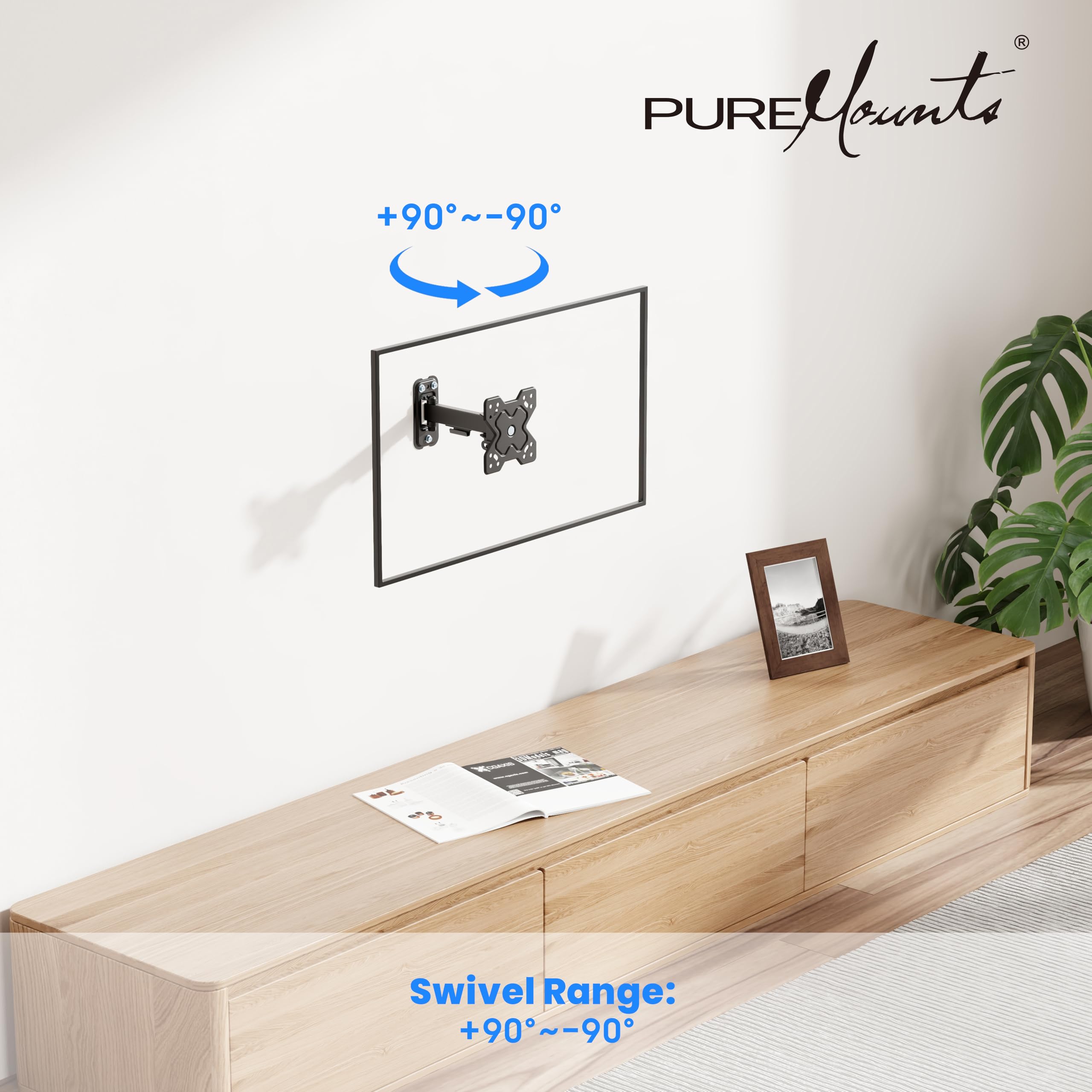 PureMounts Uchwyt ścienny do monitora telewizora, uniwersalny uchwyt z możliwością pochylenia i obrotu, maks. VESA 100 x 100 mm, do monitorów telewizyjnych 13-32 cali do 20 kg, czarny
