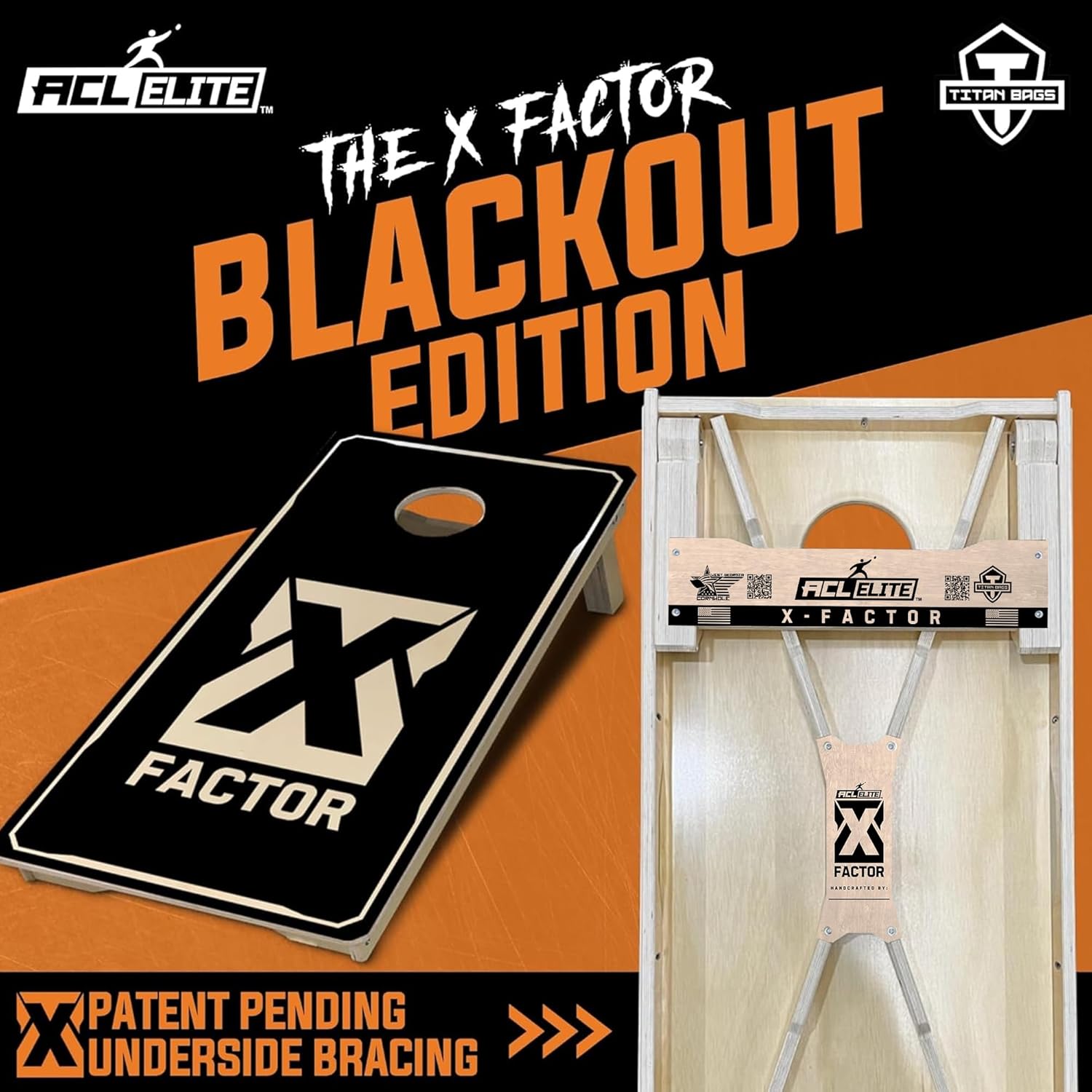Titan Bags X Factor Cornhole Boards - ACL Elite Solid Wood Cornhole Board Set w/Patent Pending X Underside Bracing for Maximum Durability - Regulation Size for Professional & Outdoor Sports Game