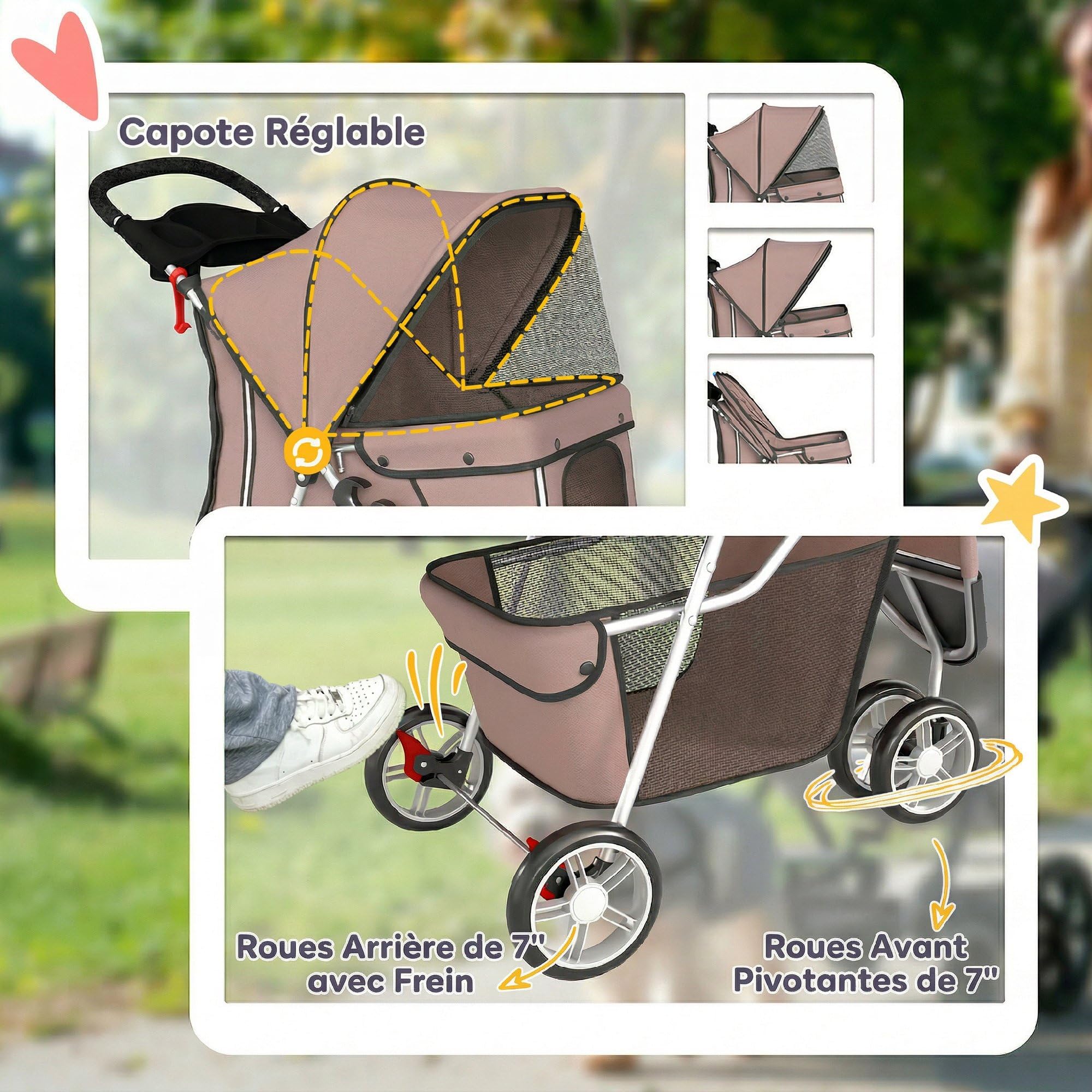 PawHut Poussette pour Chien 4 Roues, Chariot Pliable avec Frein, Auvent Réglable, Panier de Rangement, Porte-Gobelet, pour Petits Chiens et Animaux Agés, 77x44x102cm, Café