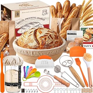 Sourdough Starter Kit，Sourdough Bread Baking Supplies，9' Round Banneton Bread Proofing Basket Gift Set for Women，40+ Sourdough Making Tools，Gifts for Mom baking lovers beginners