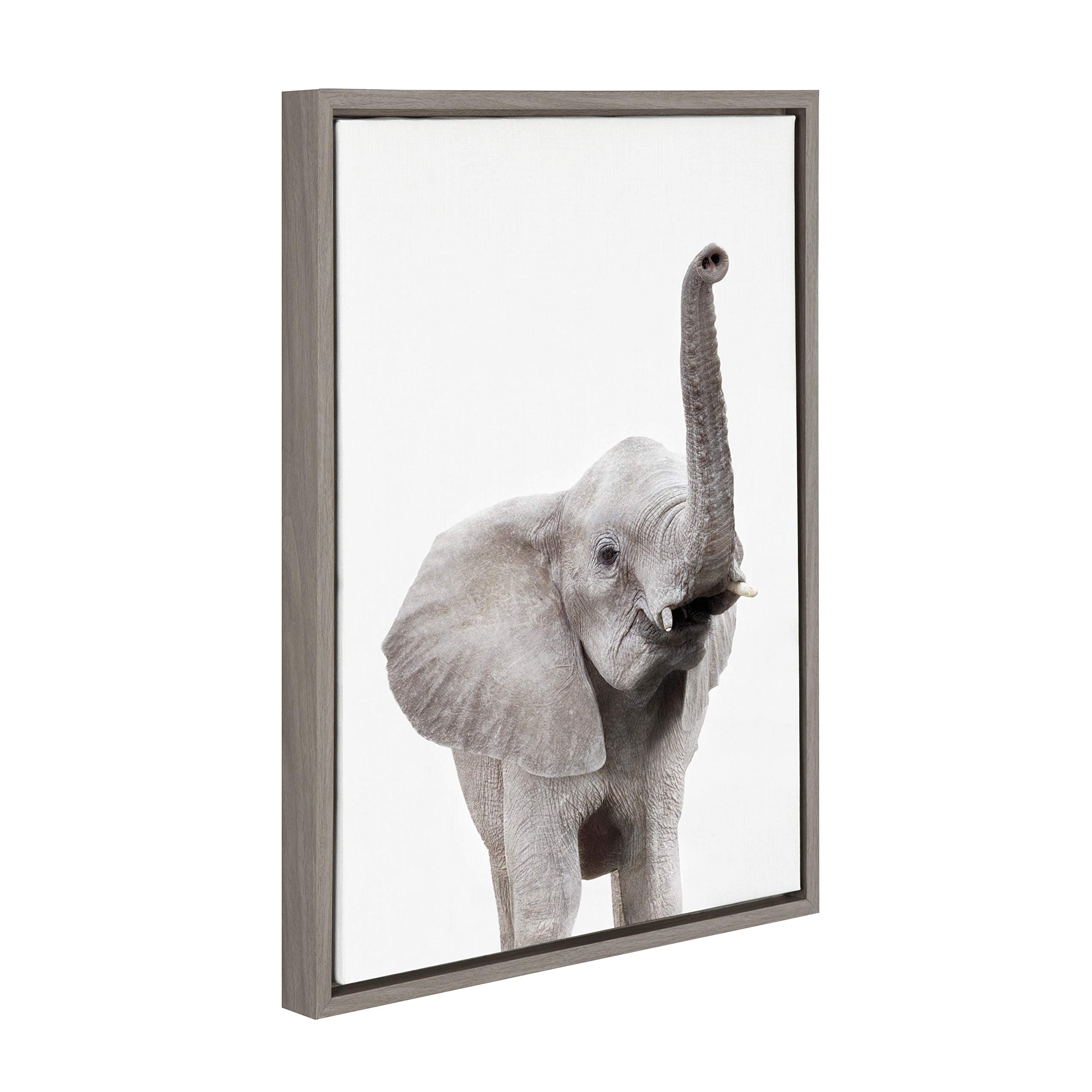 Kate and Laurel Sylvie Elephant with Raised Trunk Animal Print Portrait Framed Canvas Wall Art by Amy Peterson, 18x24 Gray