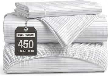 450TC 100% Cotton Twin Sheet Set - Smooth Sateen Weave, Ticking Stripe