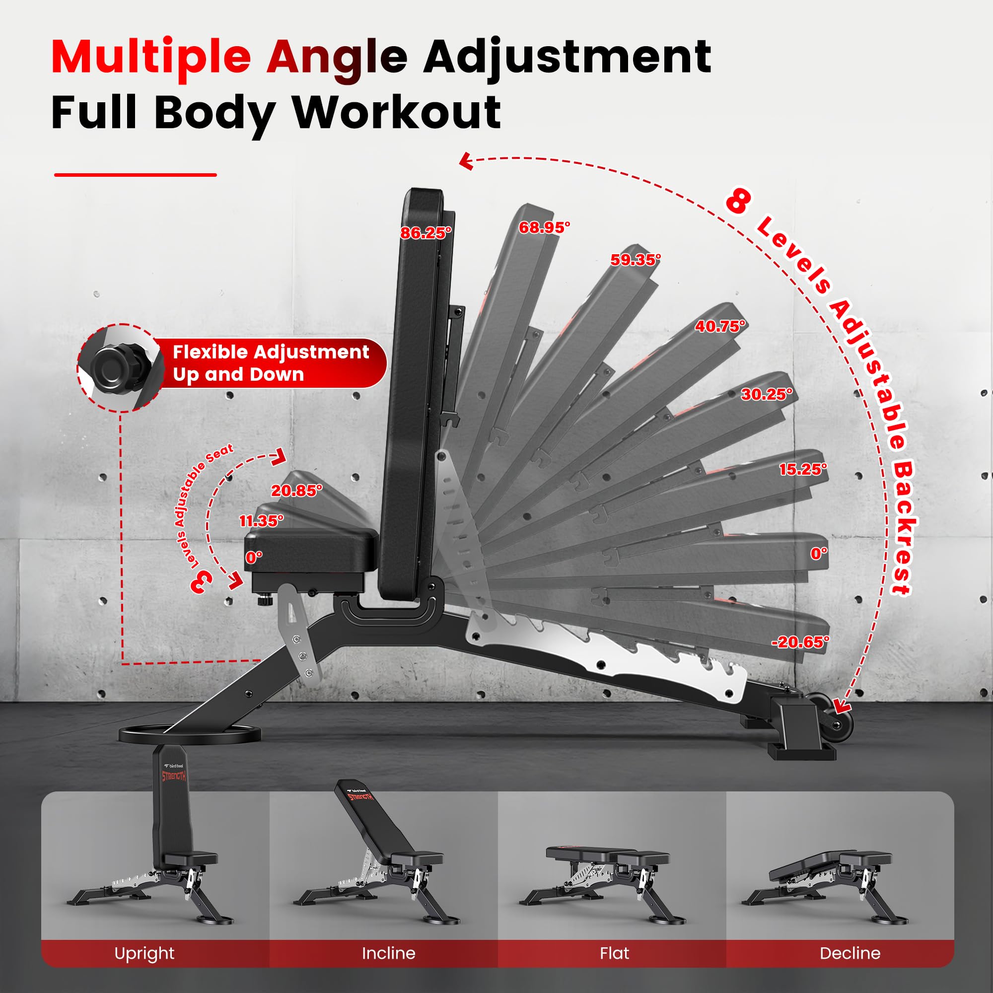Adjustable Weight Bench, 1800LBS Heavy Duty Workout Bench for Home Gym | Commercial Strength Training Bench with Removable Leg Holder, Supports Full Body Workouts with Flat Incline Decline Sit Up